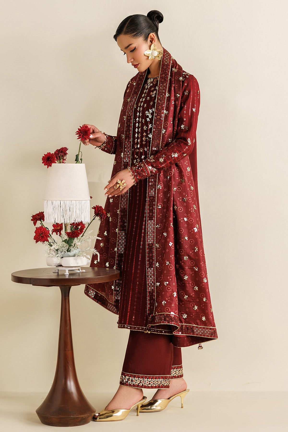 Women Wearing Embroidered Raw Silk UR-7070 Rust Long Shirt for Wedding Events - Pakistani Designer Wear for Women in UK | Kifat