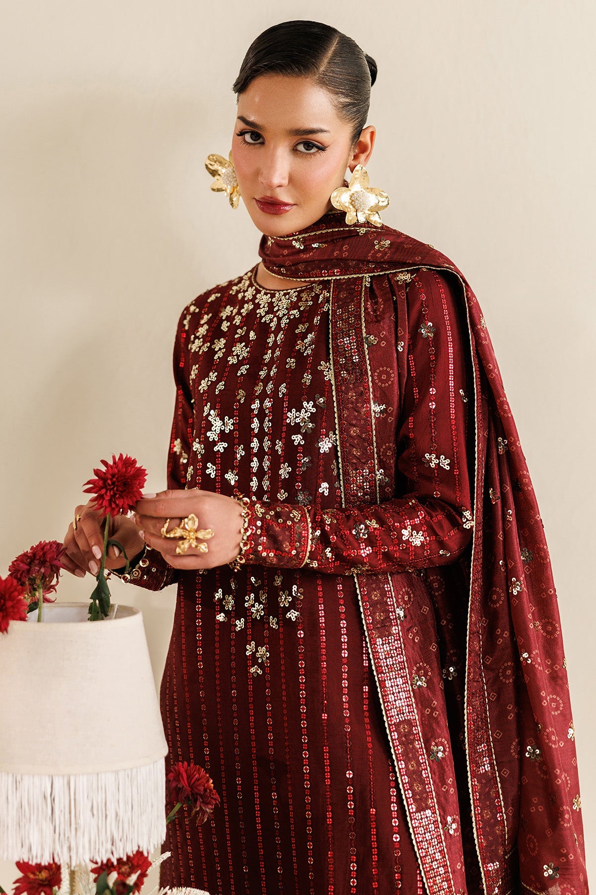 Women Wearing Embroidered Raw Silk UR-7070 Rust Long Shirt for Wedding Events - Pakistani Designer Wear for Women in UK | Kifat