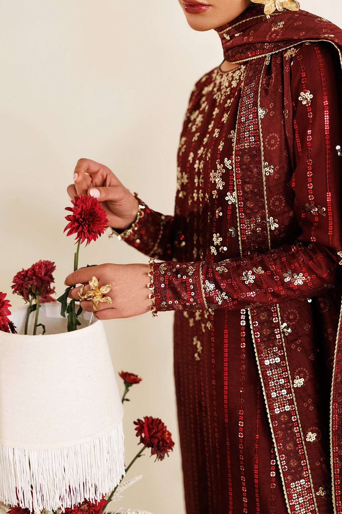 Women Wearing Embroidered Raw Silk UR-7070 Rust Long Shirt for Wedding Events - Pakistani Designer Wear for Women in UK | Kifat