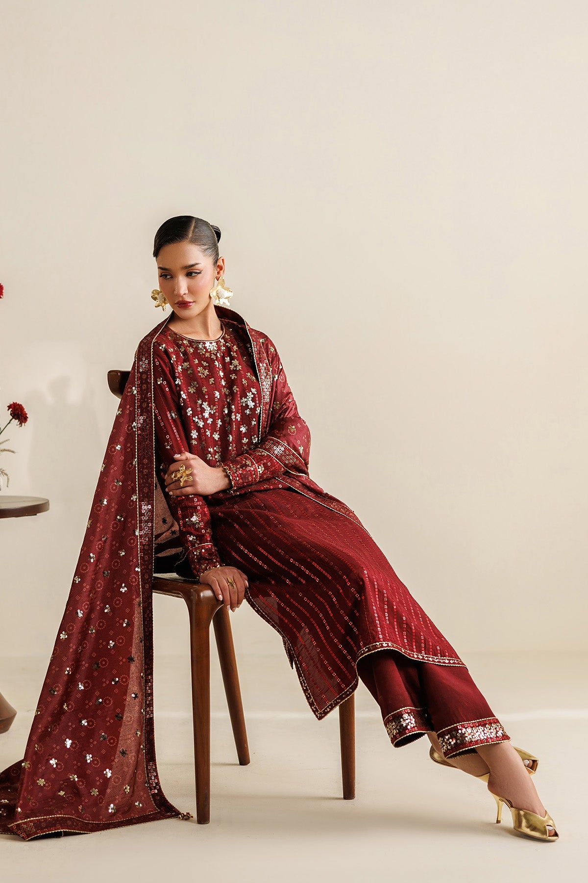 Women Wearing Embroidered Raw Silk UR-7070 Rust Long Shirt for Wedding Events - Pakistani Designer Wear for Women in UK | Kifat