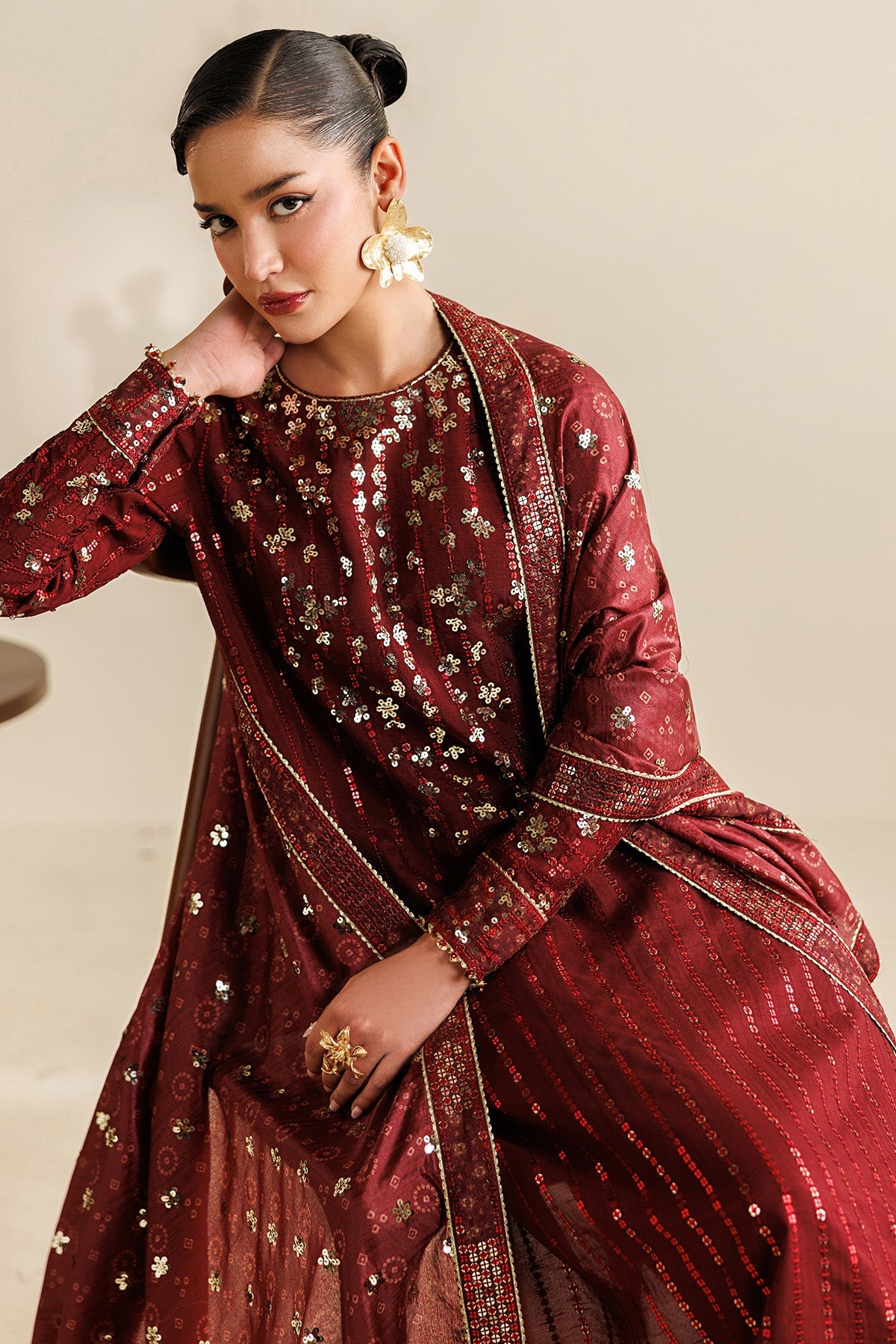 Women Wearing Embroidered Raw Silk UR-7070 Rust Long Shirt for Wedding Events - Pakistani Designer Wear for Women in UK | Kifat