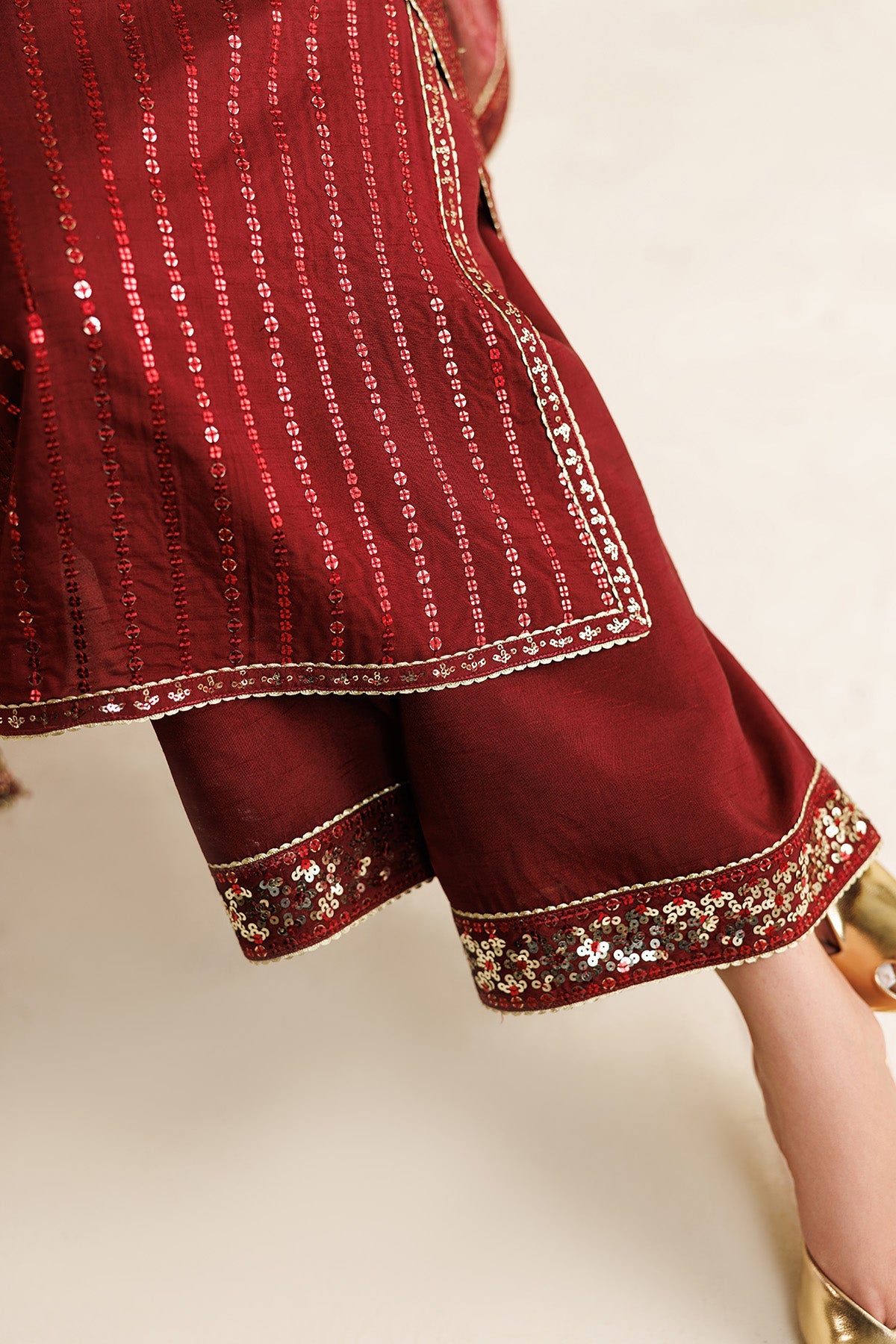 Women Wearing Embroidered Raw Silk UR-7070 Rust Long Shirt for Wedding Events - Pakistani Designer Wear for Women in UK | Kifat
