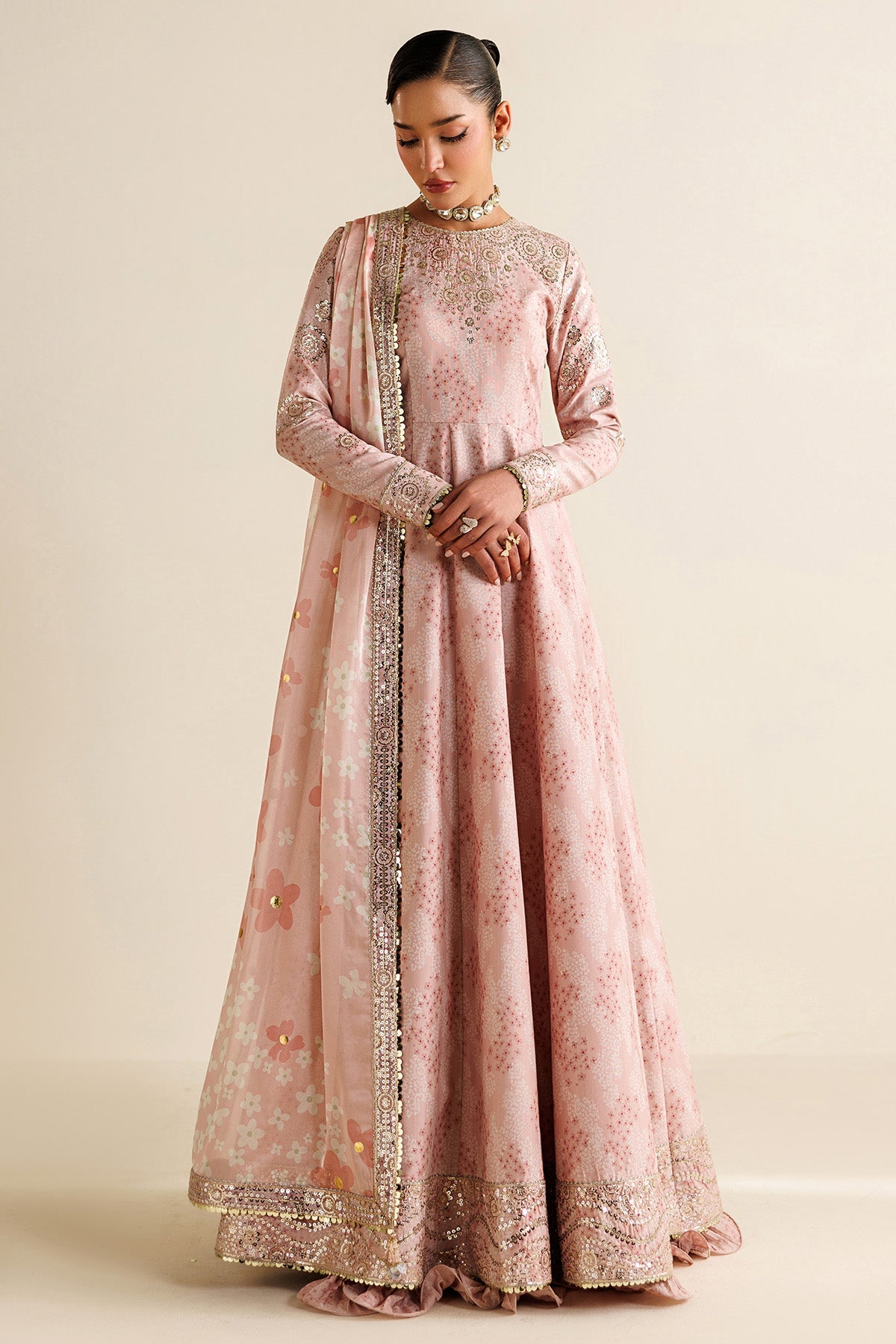 Women Wearing Embroidered Raw Silk UR-7067 Ferozi Frock for Wedding Events - Pakistani Designer Wear for Women in UK | Kifat