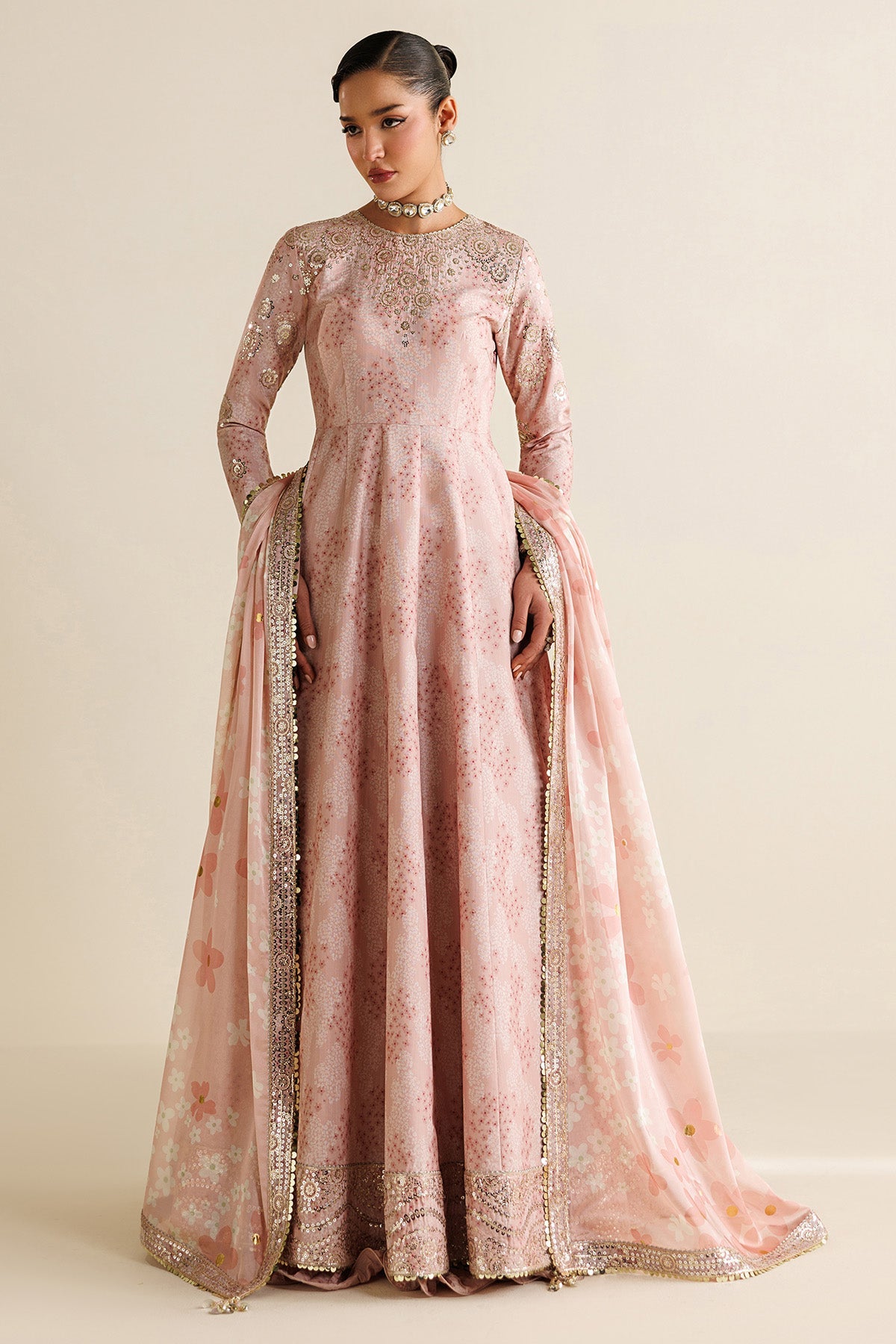 Women Wearing Embroidered Raw Silk UR-7067 Ferozi Frock for Wedding Events - Pakistani Designer Wear for Women in UK | Kifat