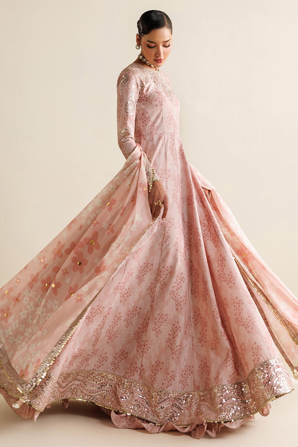 Women Wearing Embroidered Raw Silk UR-7067 Ferozi Frock for Wedding Events - Pakistani Designer Wear for Women in UK | Kifat