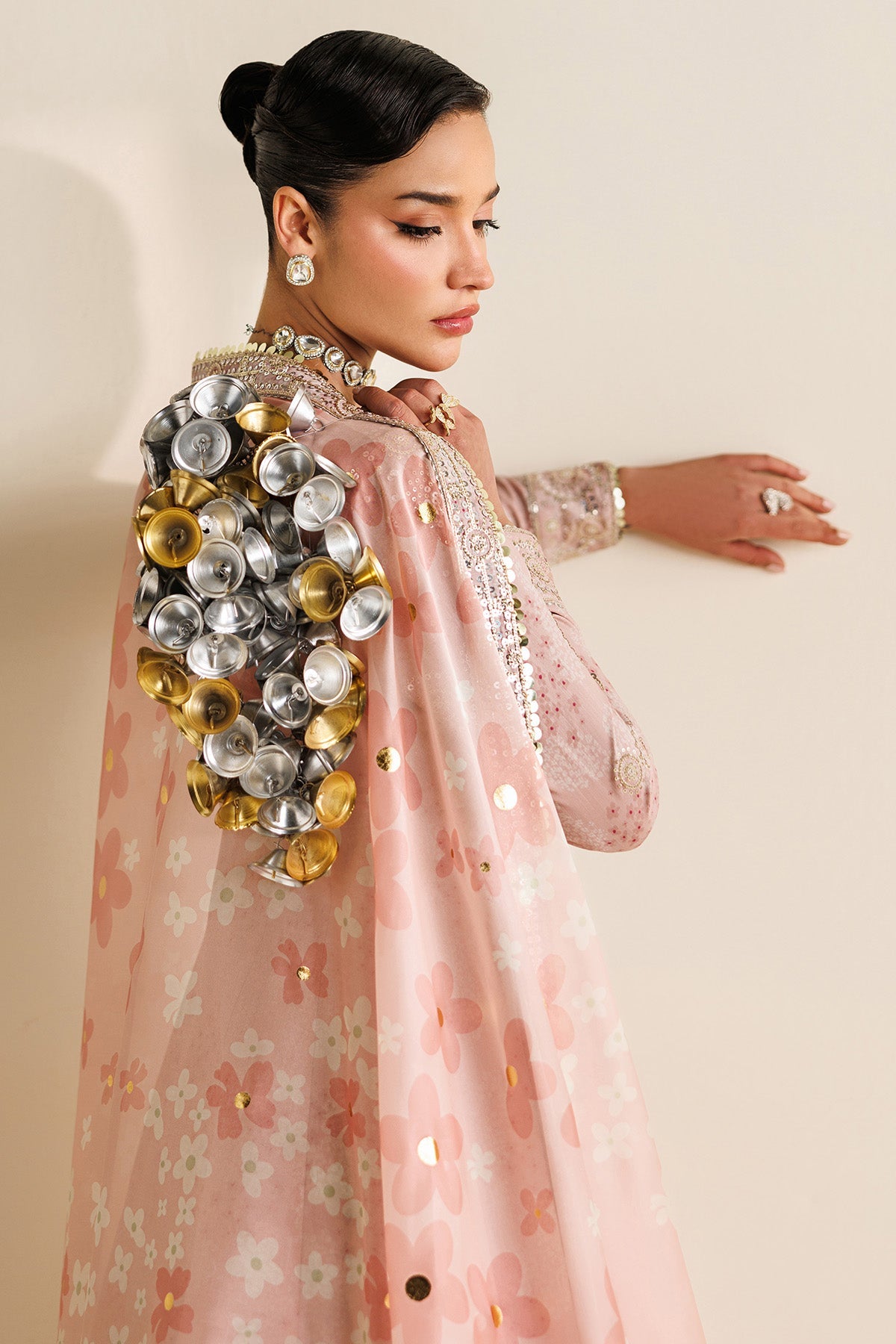 Women Wearing Embroidered Raw Silk UR-7067 Ferozi Frock for Wedding Events - Pakistani Designer Wear for Women in UK | Kifat