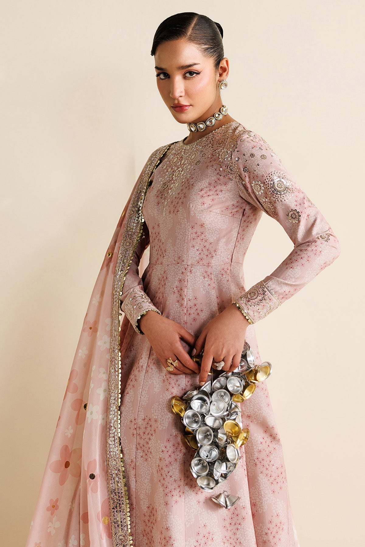 Women Wearing Embroidered Raw Silk UR-7067 Ferozi Frock for Wedding Events - Pakistani Designer Wear for Women in UK | Kifat
