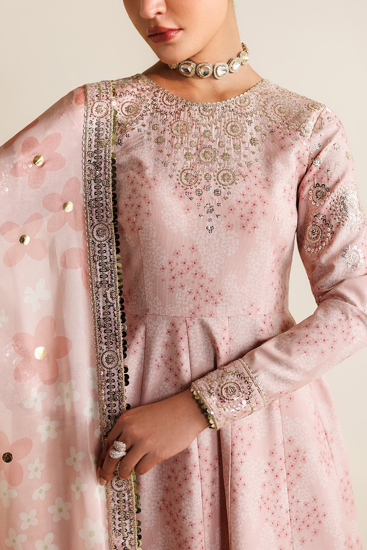 Women Wearing Embroidered Raw Silk UR-7067 Ferozi Frock for Wedding Events - Pakistani Designer Wear for Women in UK | Kifat