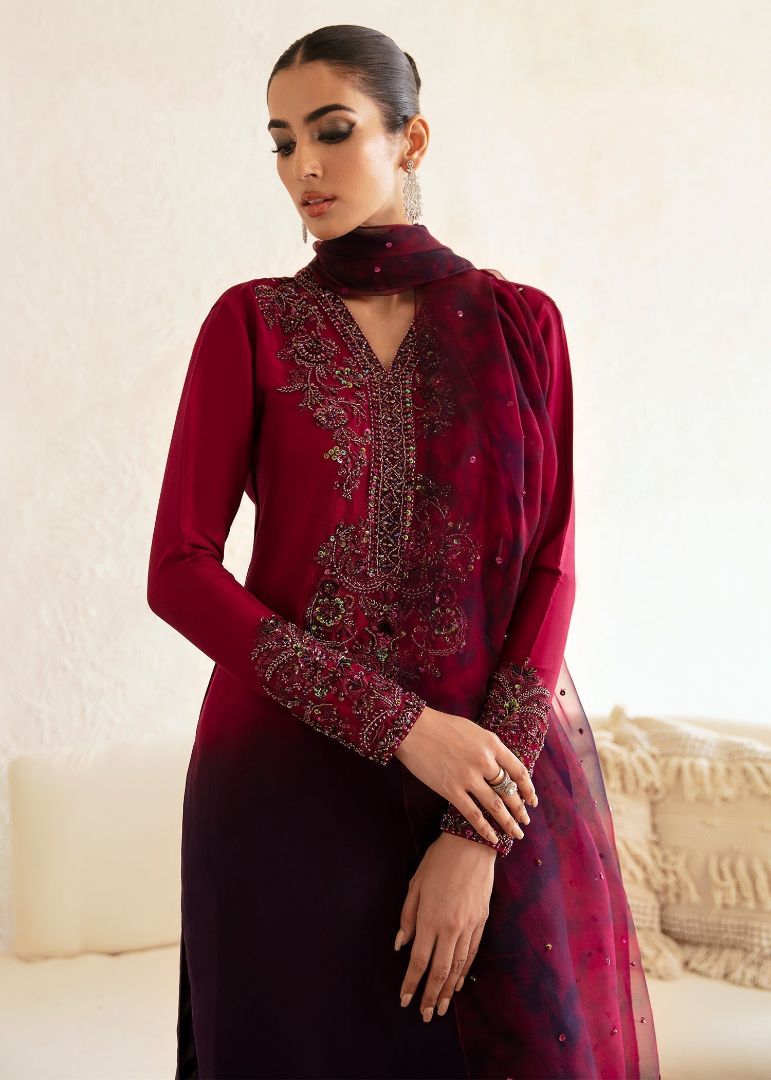 Kanwal Malik Ombre Plum shirt with flared pants for Luxury Wedding wear - Pakistani Designer Wear for Women in UK | Kifat