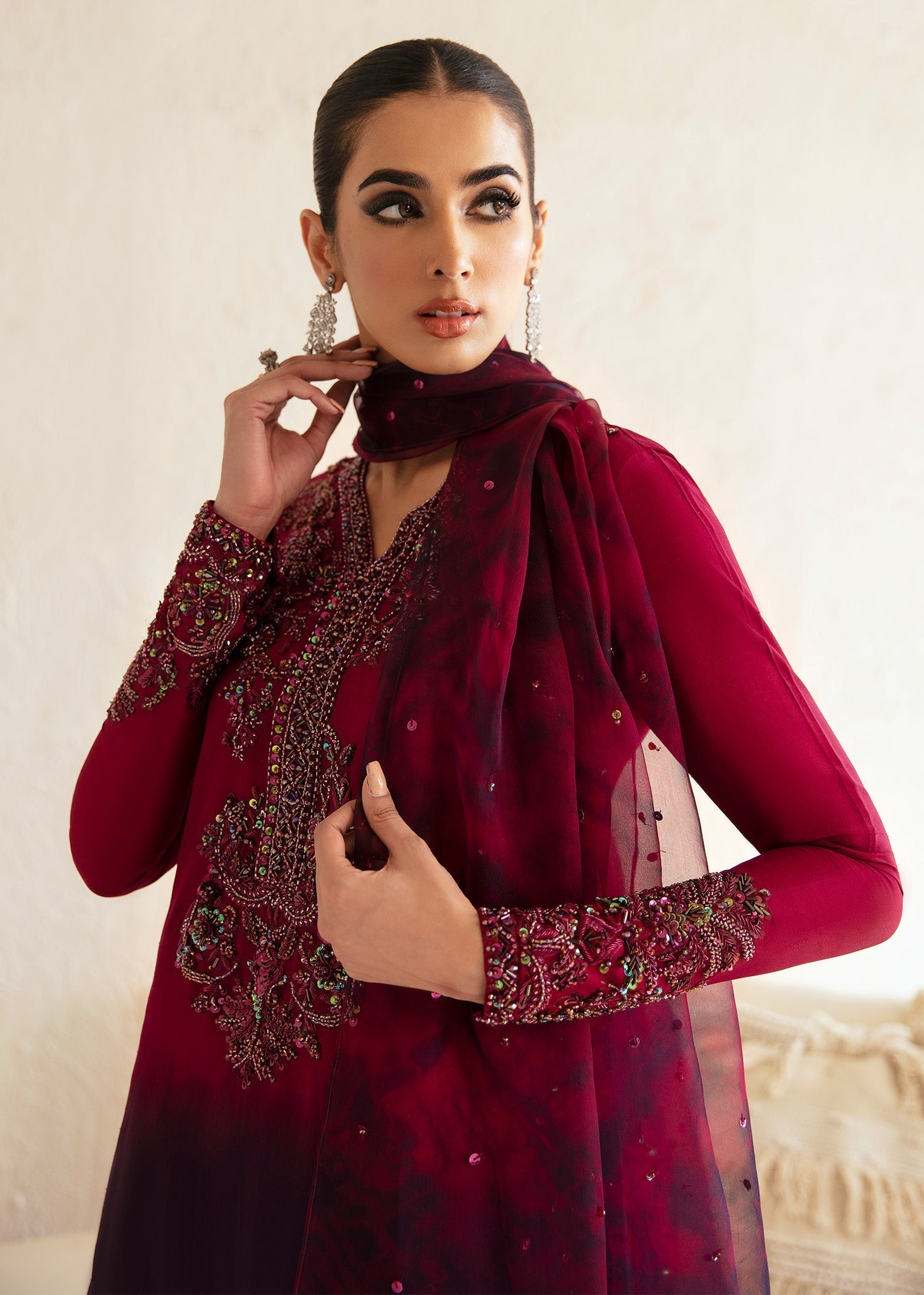 Kanwal Malik Ombre Plum shirt with flared pants for Luxury Wedding wear - Pakistani Designer Wear for Women in UK | Kifat