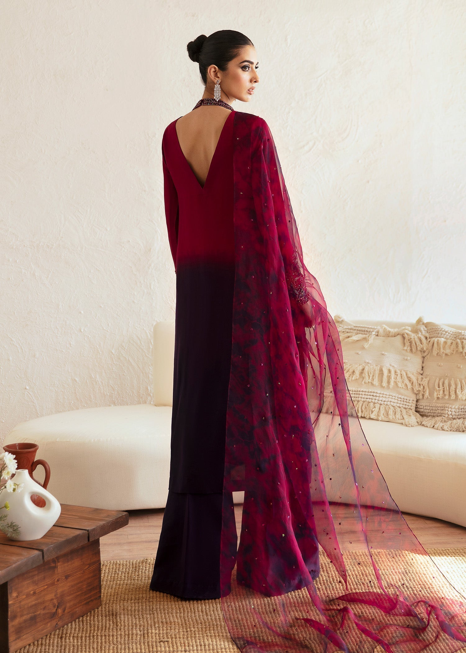 Kanwal Malik Ombre Plum shirt with flared pants for Luxury Wedding wear - Pakistani Designer Wear for Women in UK | Kifat