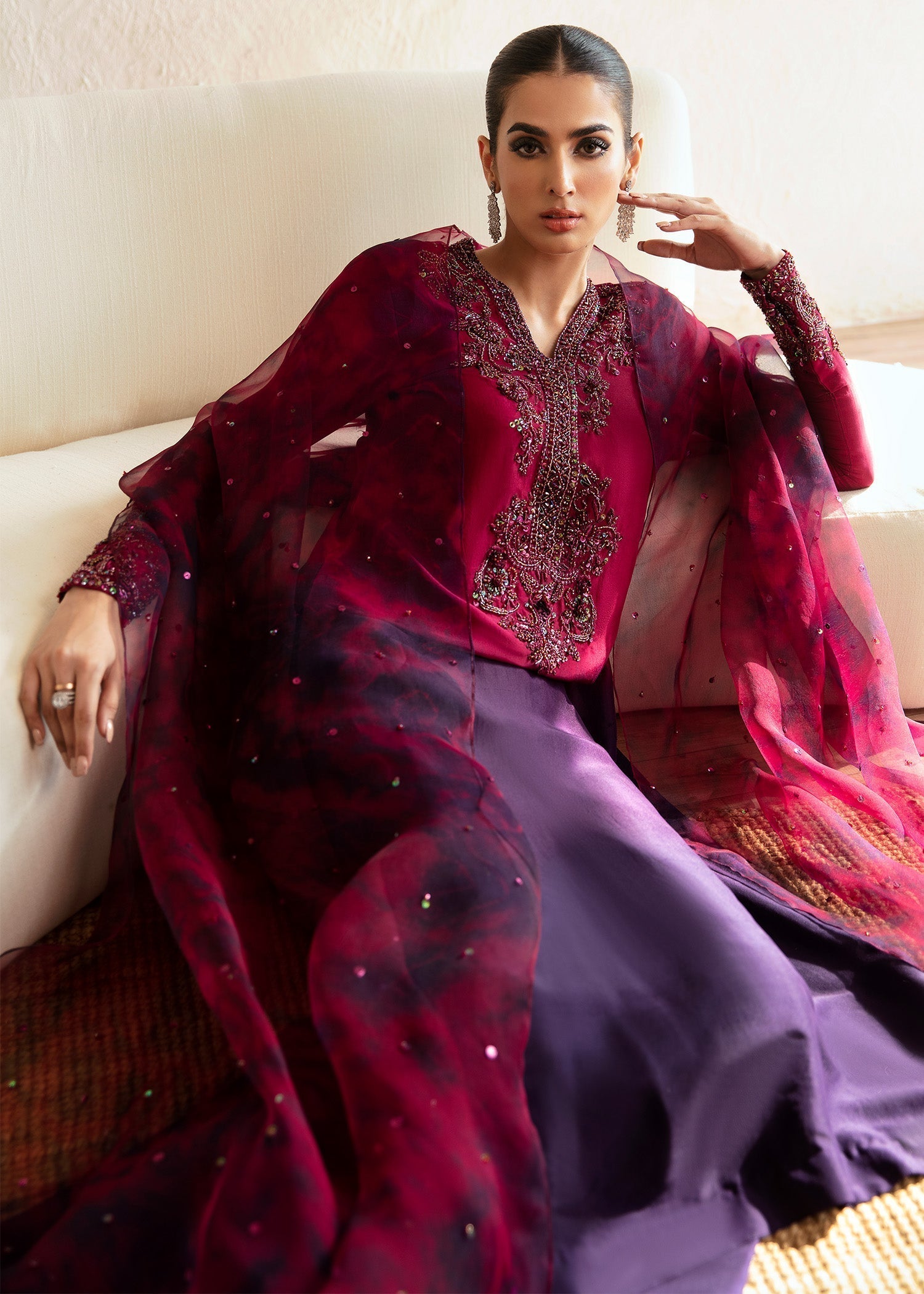 Kanwal Malik Ombre Plum shirt with flared pants for Luxury Wedding wear - Pakistani Designer Wear for Women in UK | Kifat