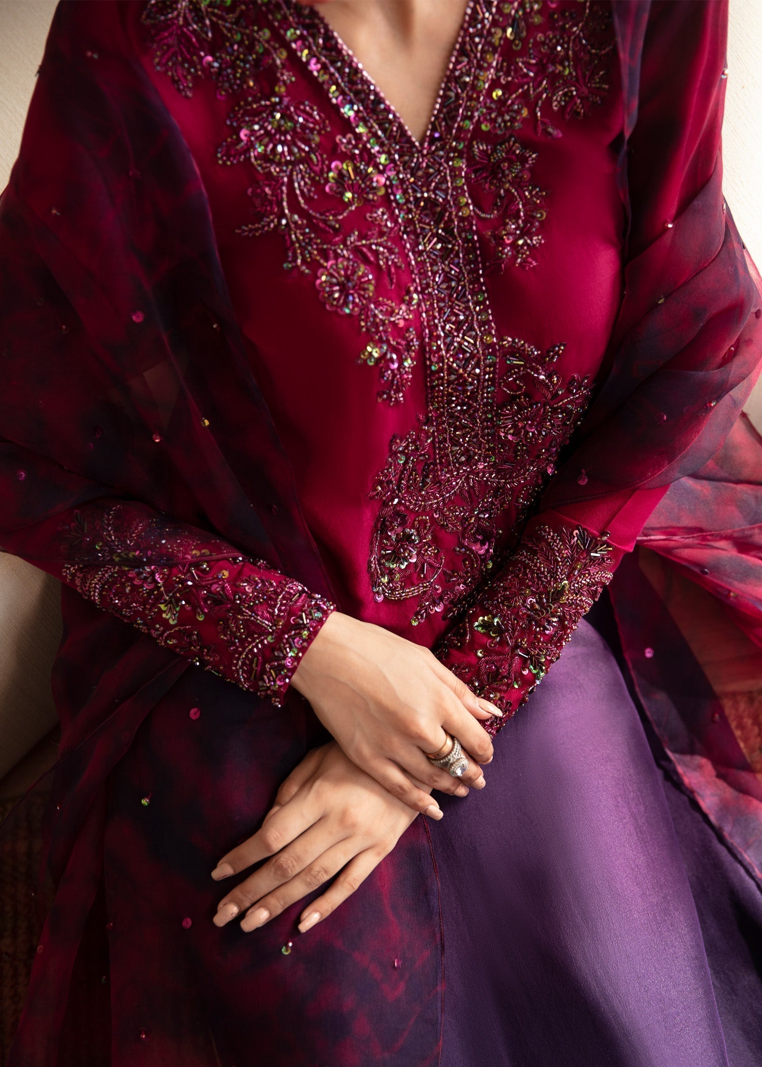 Kanwal Malik Ombre Plum shirt with flared pants for Luxury Wedding wear - Pakistani Designer Wear for Women in UK | Kifat