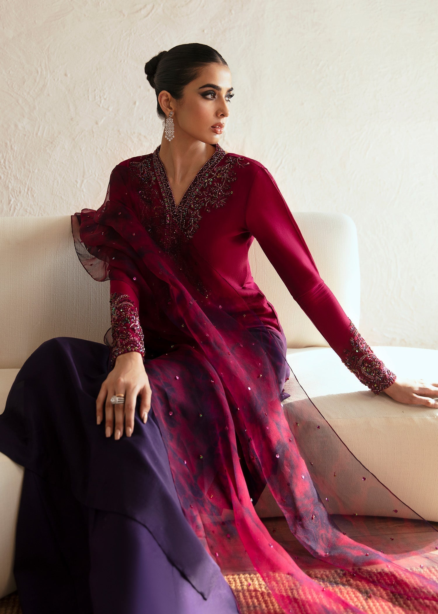 Kanwal Malik Ombre Plum shirt with flared pants for Luxury Wedding wear - Pakistani Designer Wear for Women in UK | Kifat