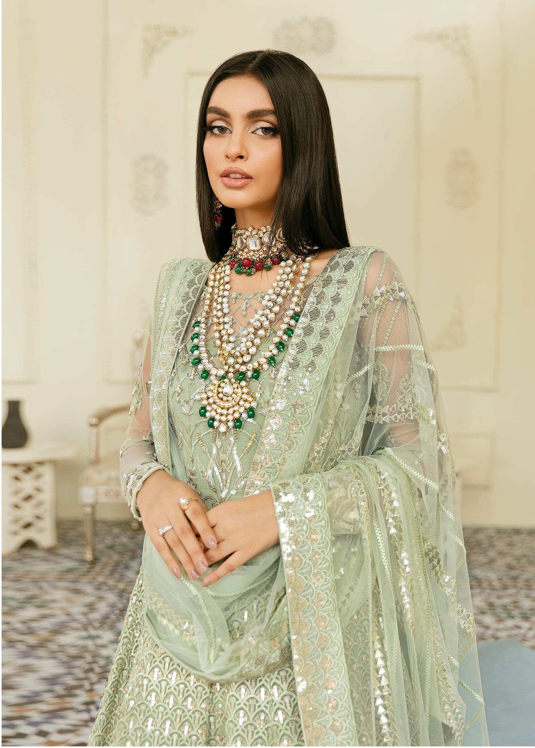 Women Wearing Florican Mint Peshwas For Formals Events - Pakistani Designer Wear For Women In UK | Kifat
