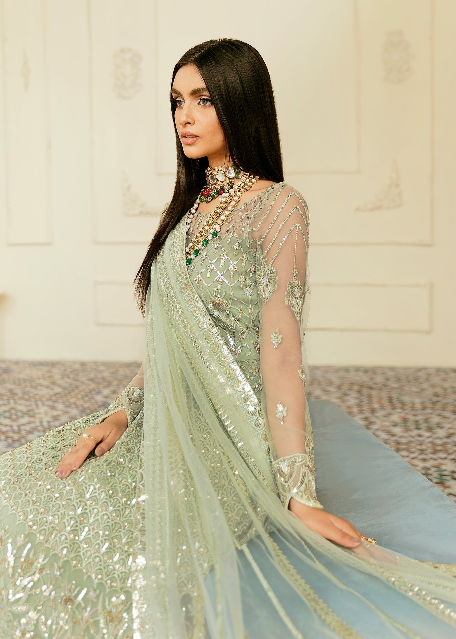 Women Wearing Florican Mint Peshwas For Formals Events - Pakistani Designer Wear For Women In UK | Kifat