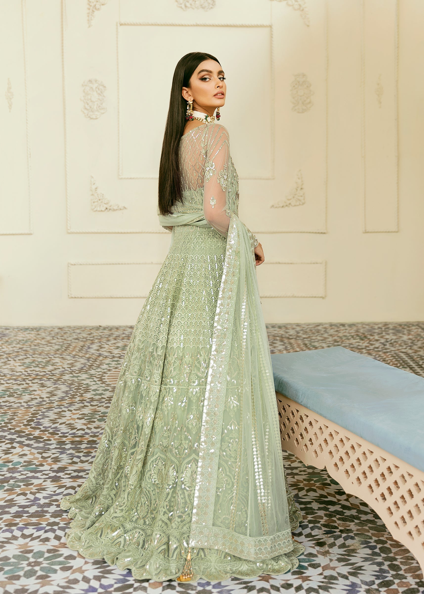 Women Wearing Florican Mint Peshwas For Formals Events - Pakistani Designer Wear For Women In UK | Kifat