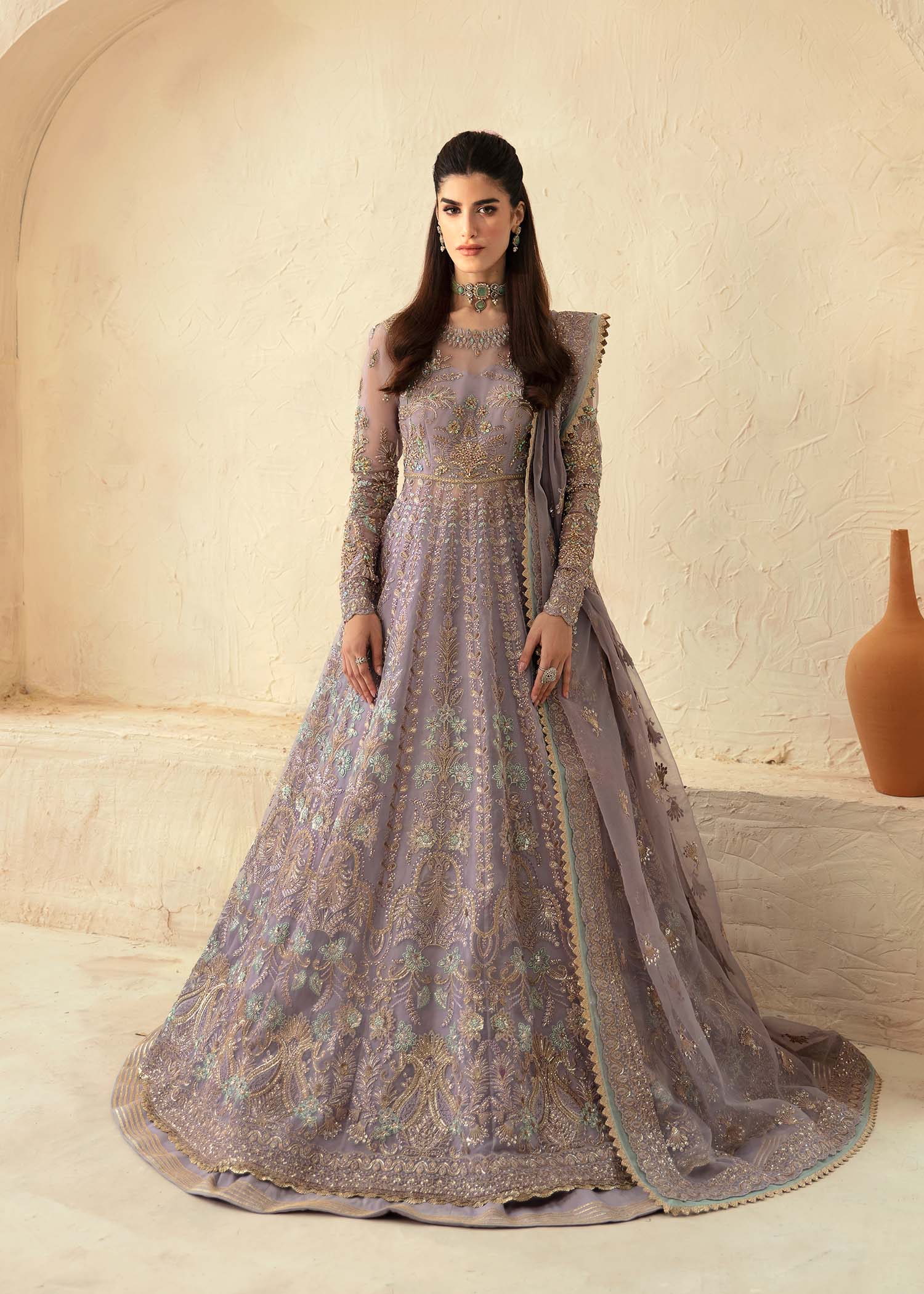 Women Wearing Lilia Lilac Grey Peshwas For Formals Events - Pakistani Designer Wear For Women In UK | Kifat