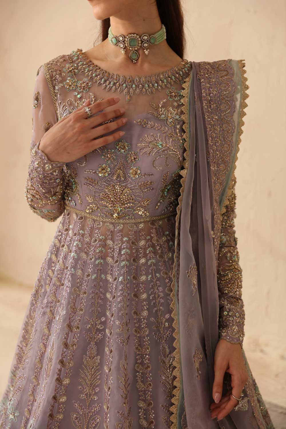 Women Wearing Lilia Lilac Grey Peshwas For Formals Events - Pakistani Designer Wear For Women In UK | Kifat