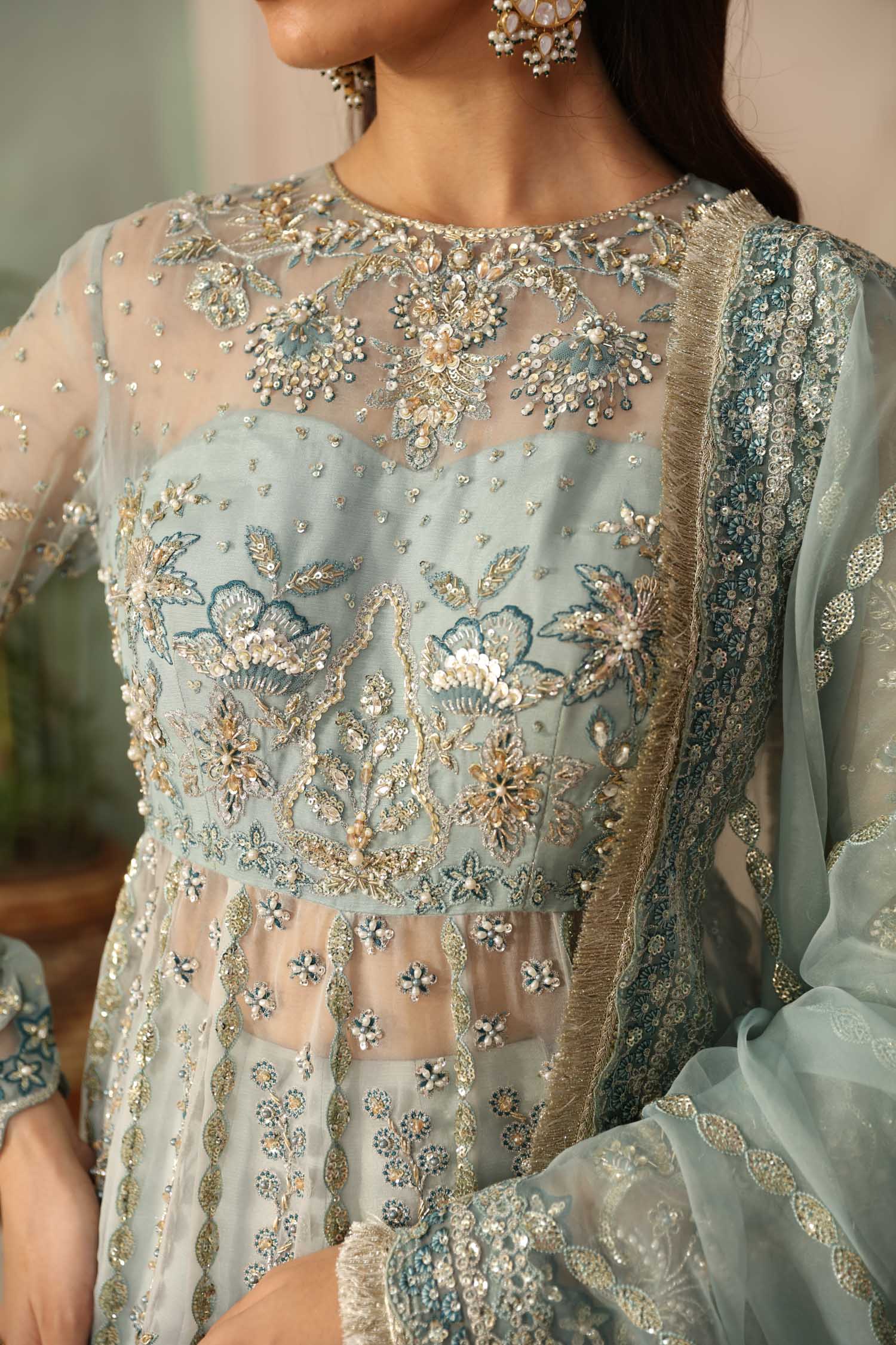 Women Wearing Frostine Mint Blue Peshwas For Formals Events - Pakistani Designer Wear For Women In UK | Kifat