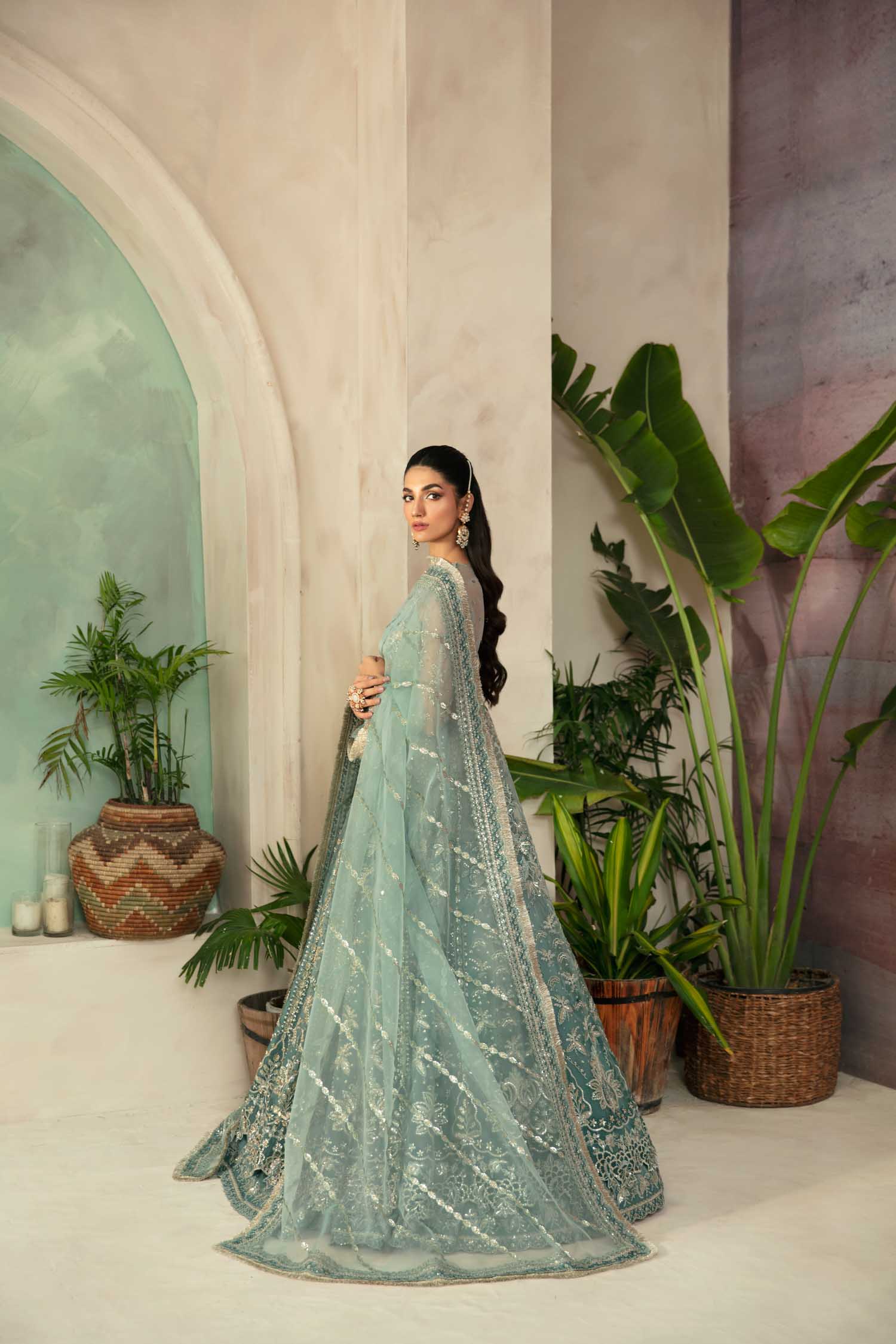 Women Wearing Frostine Mint Blue Peshwas For Formals Events - Pakistani Designer Wear For Women In UK | Kifat