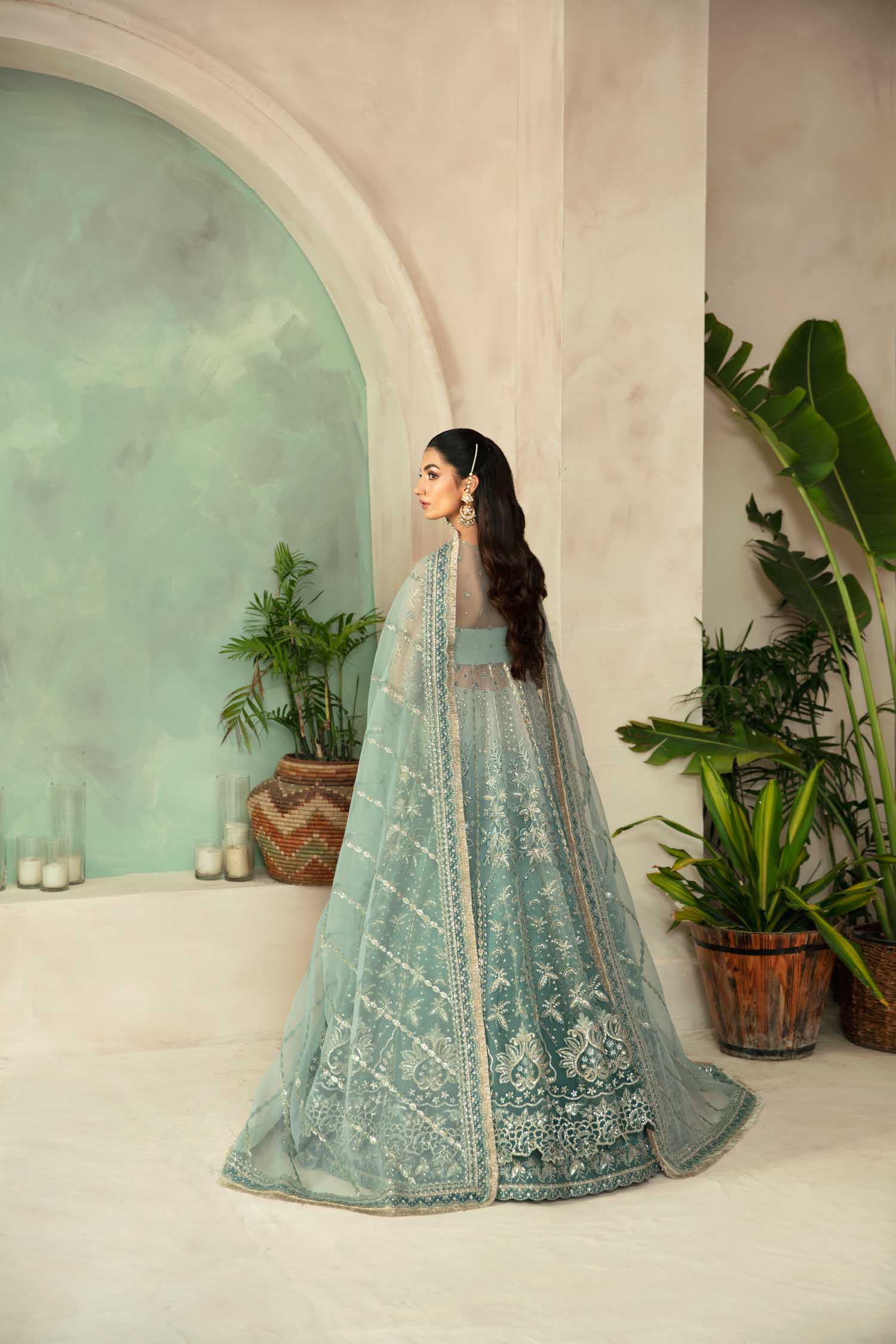 Women Wearing Frostine Mint Blue Peshwas For Formals Events - Pakistani Designer Wear For Women In UK | Kifat
