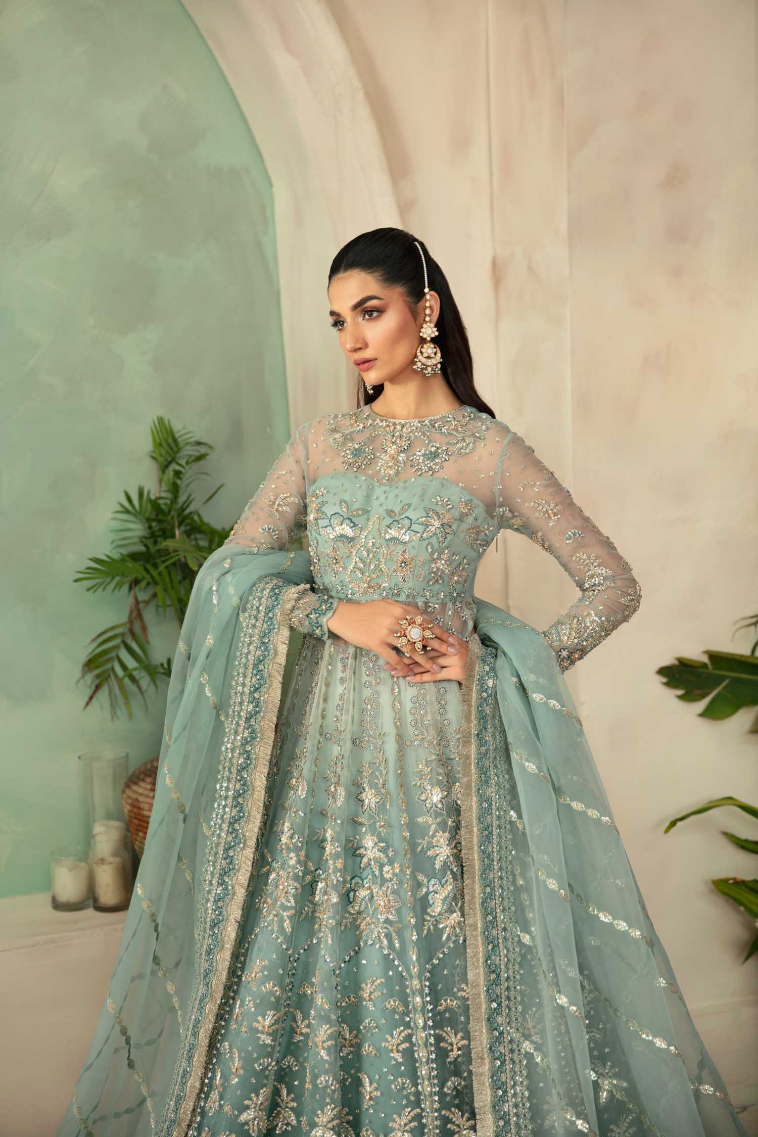 Women Wearing Frostine Mint Blue Peshwas For Formals Events - Pakistani Designer Wear For Women In UK | Kifat