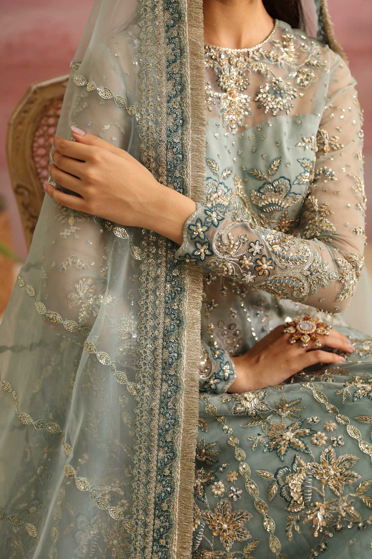 Women Wearing Frostine Mint Blue Peshwas For Formals Events - Pakistani Designer Wear For Women In UK | Kifat