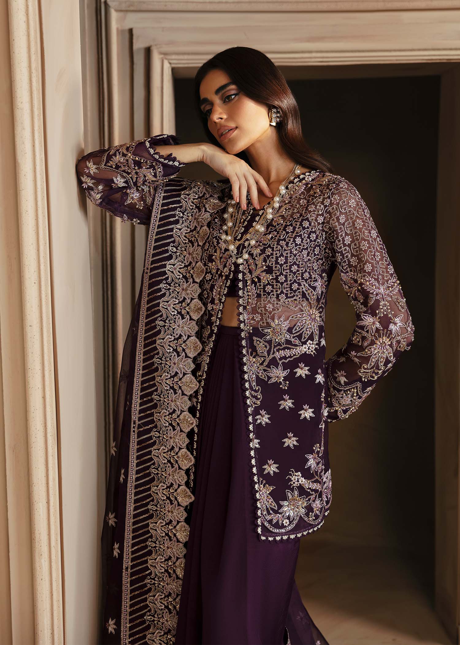 Women Wearing Elowen Purple Shirt With Sharara For Formals Events - Pakistani Designer Wear For Women In UK | Kifat