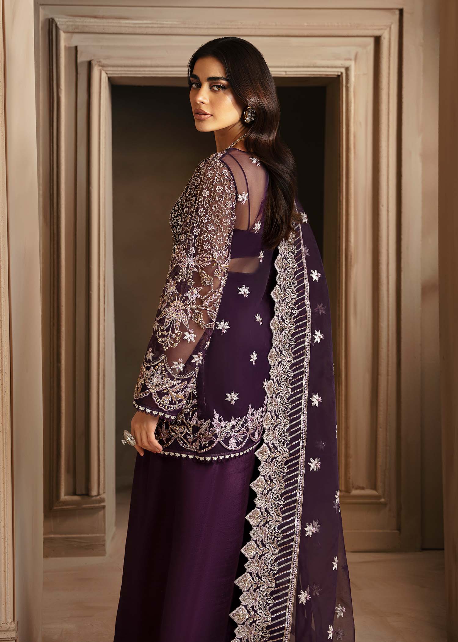 Women Wearing Elowen Purple Shirt With Sharara For Formals Events - Pakistani Designer Wear For Women In UK | Kifat