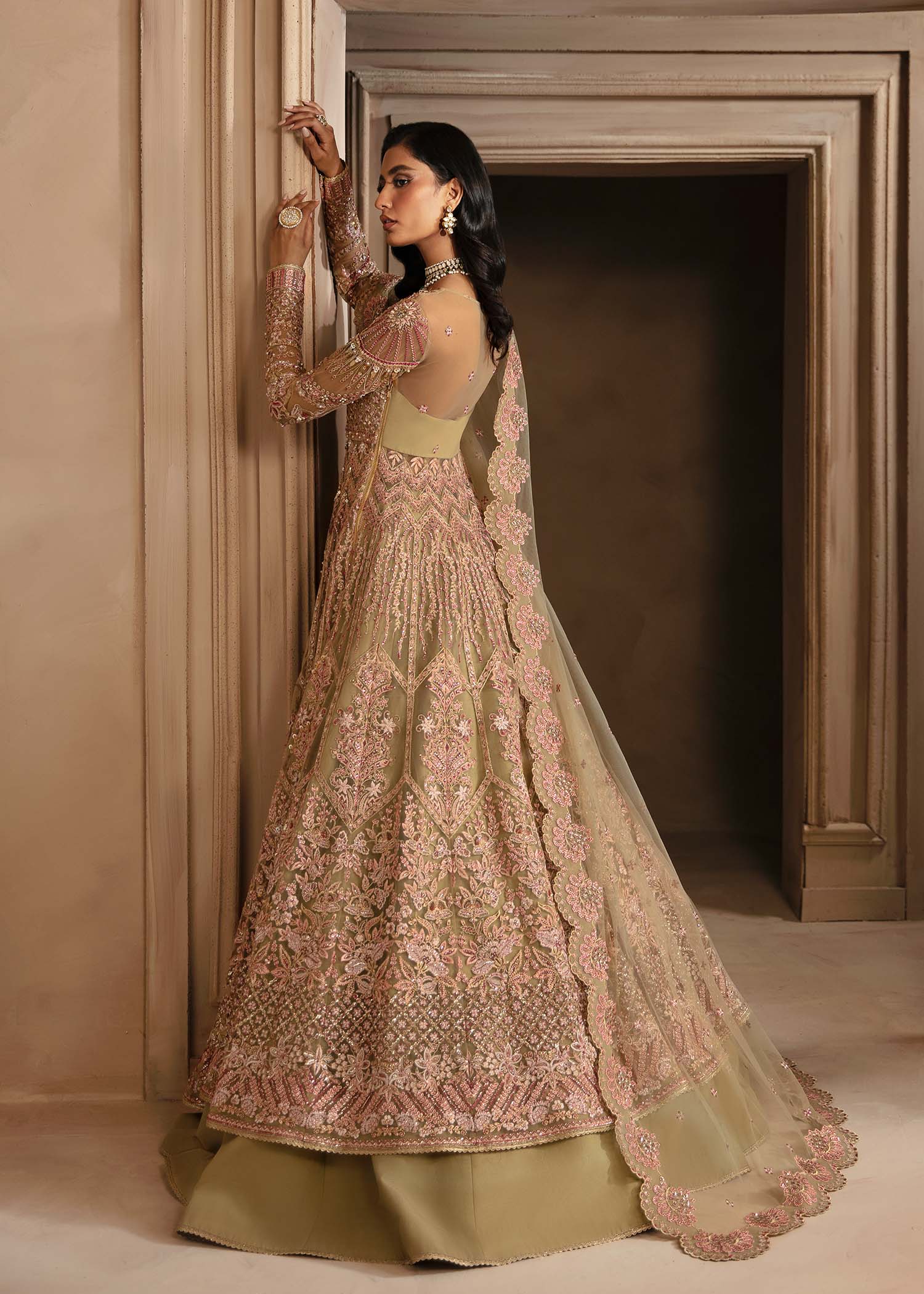 Light Peach Color Formals Dress In Net