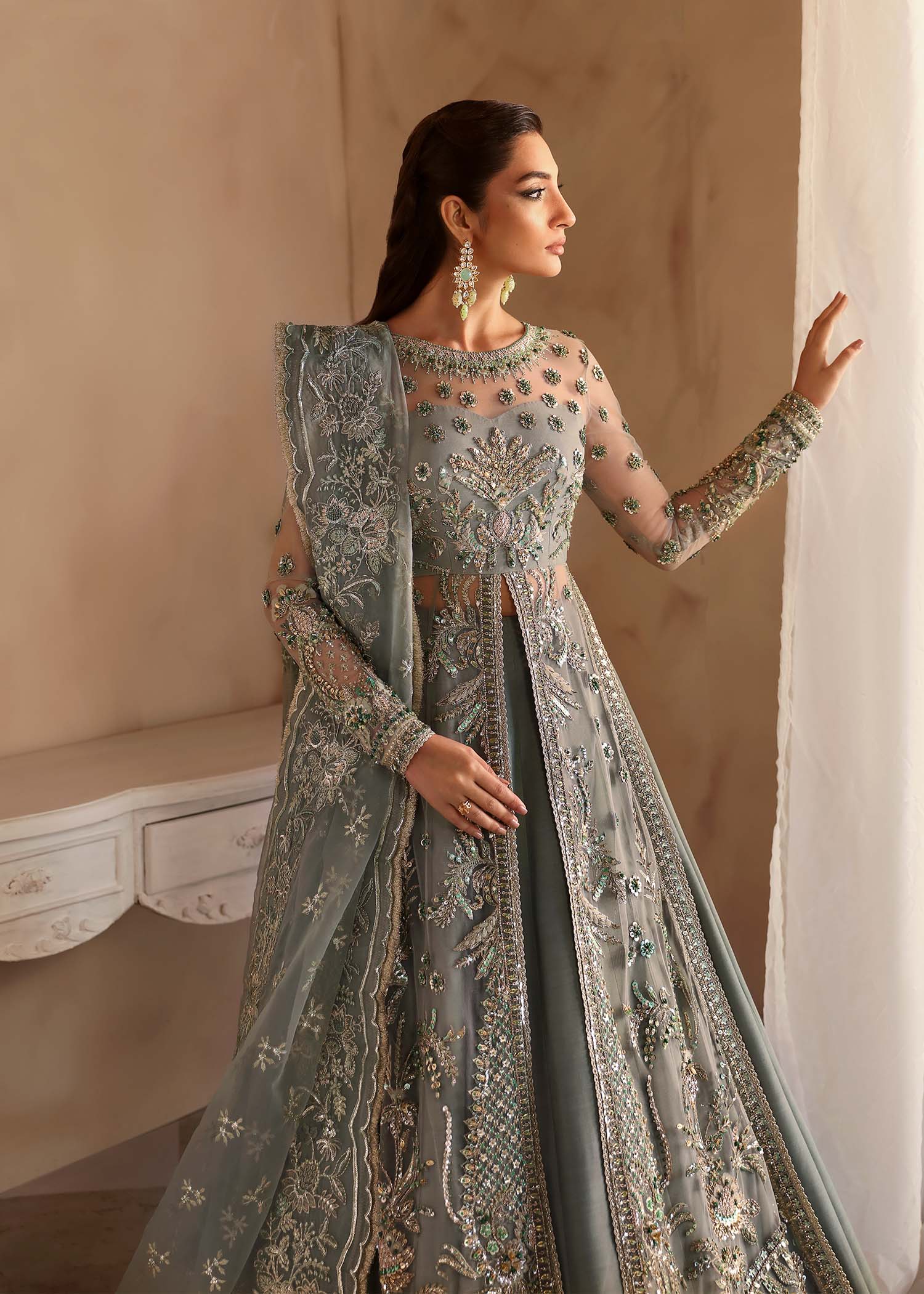 Women Wearing Noche Grey Peshwas For Luxury Formals Events - Pakistani Designer Wear For Women In UK | Kifat