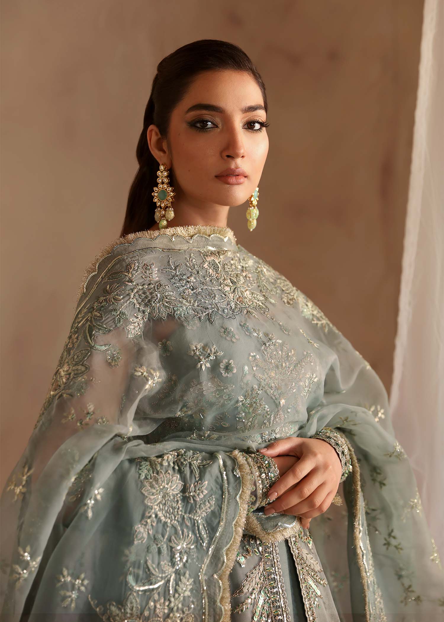 Women Wearing Noche Grey Peshwas For Luxury Formals Events - Pakistani Designer Wear For Women In UK | Kifat