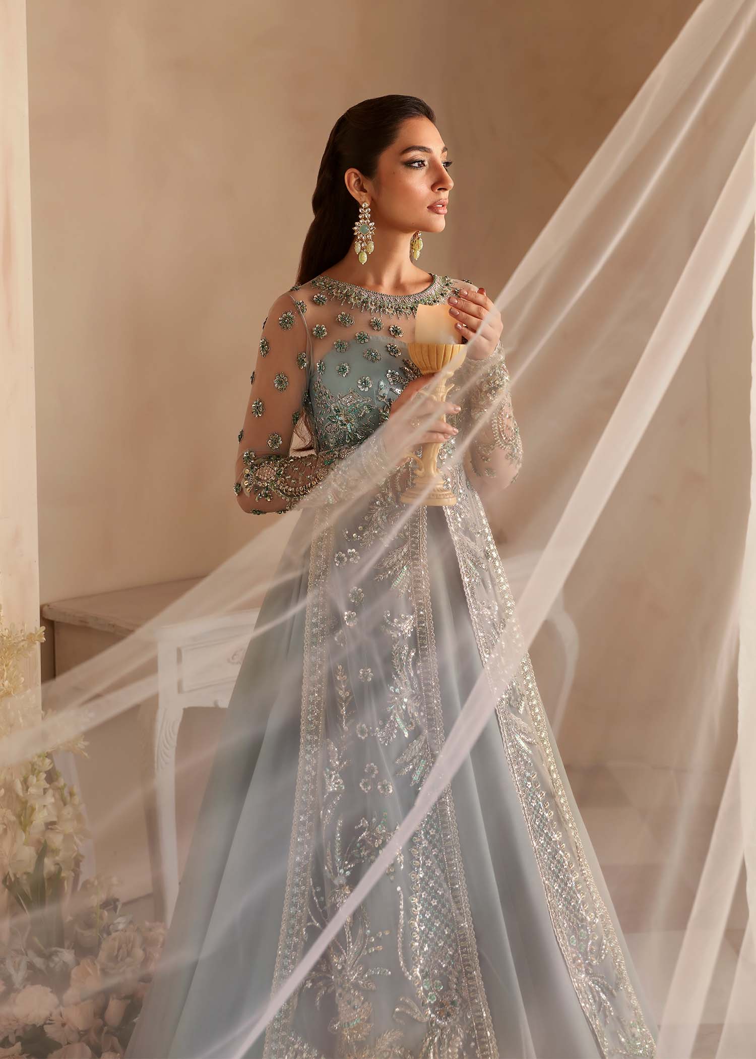 Women Wearing Noche Grey Peshwas For Luxury Formals Events - Pakistani Designer Wear For Women In UK | Kifat