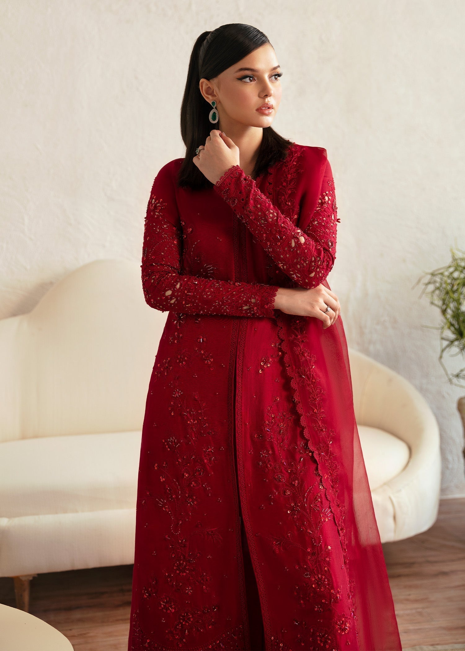 Kanwal Malik Maroon shirt with flared pants for Luxury Wedding wear - Pakistani Designer Wear for Women in UK | Kifat