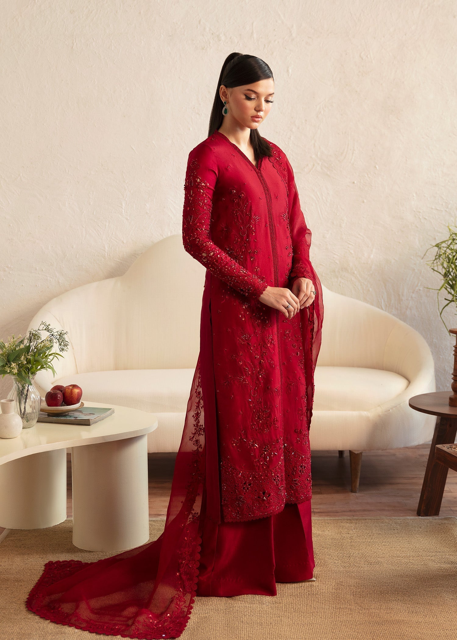 Kanwal Malik Maroon shirt with flared pants for Luxury Wedding wear - Pakistani Designer Wear for Women in UK | Kifat