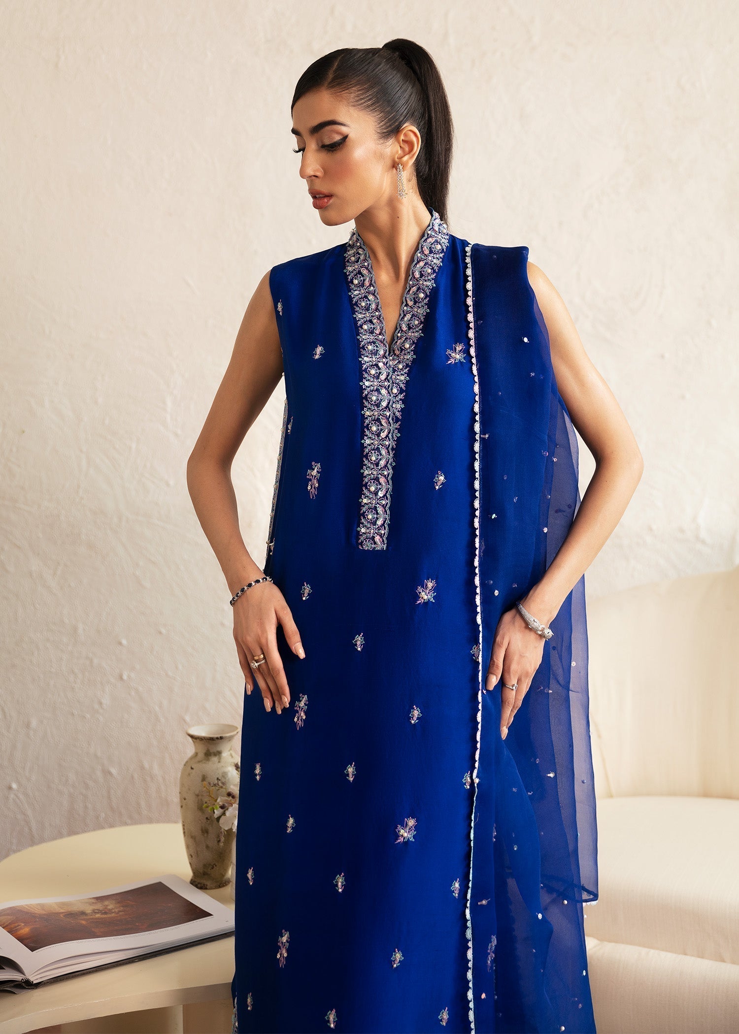 Kanwal Malik Royal Blue Long Shirt with Trouser for Luxury Wedding wear - Pakistani Designer Wear for Women in UK | Kifat