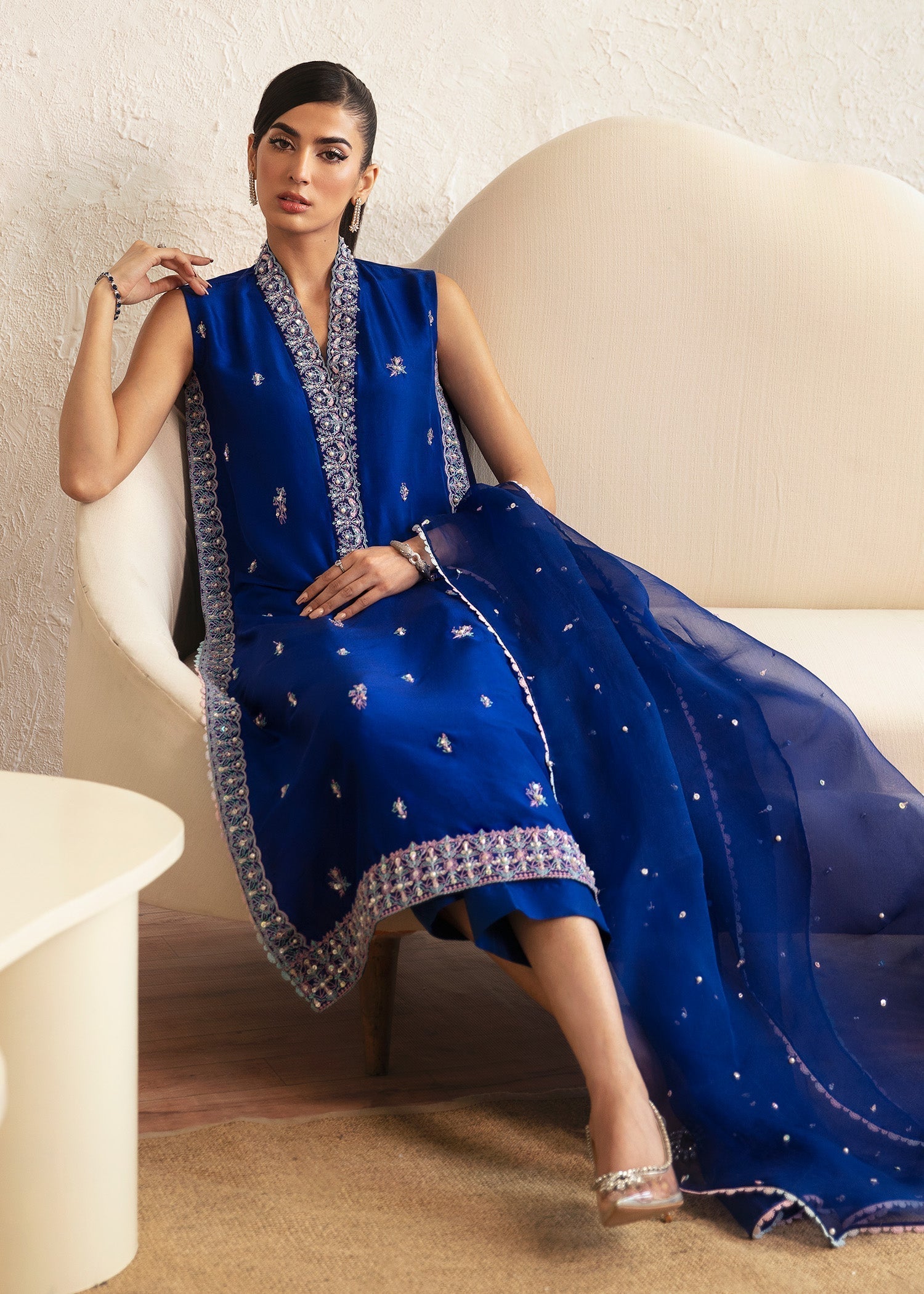 Kanwal Malik Royal Blue Long Shirt with Trouser for Luxury Wedding wear - Pakistani Designer Wear for Women in UK | Kifat