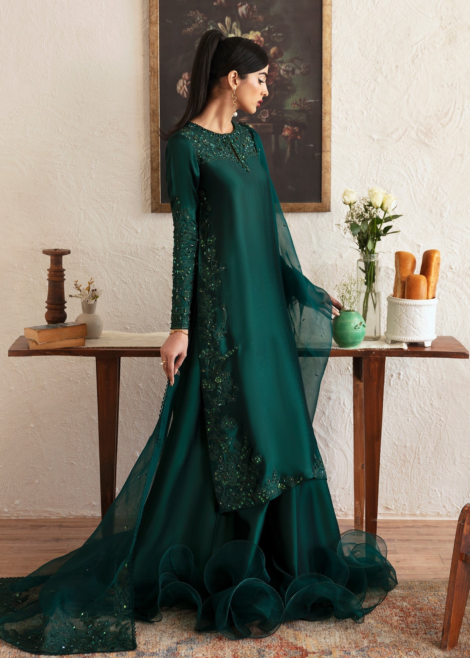 Kanwal Malik Bottle Green Shirt with Sharara for Luxury Wedding wear - Pakistani Designer Wear for Women in UK | Kifat