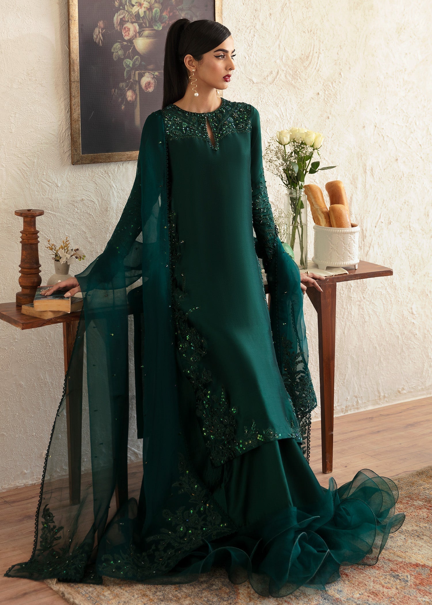 Kanwal Malik Bottle Green Shirt with Sharara for Luxury Wedding wear - Pakistani Designer Wear for Women in UK | Kifat