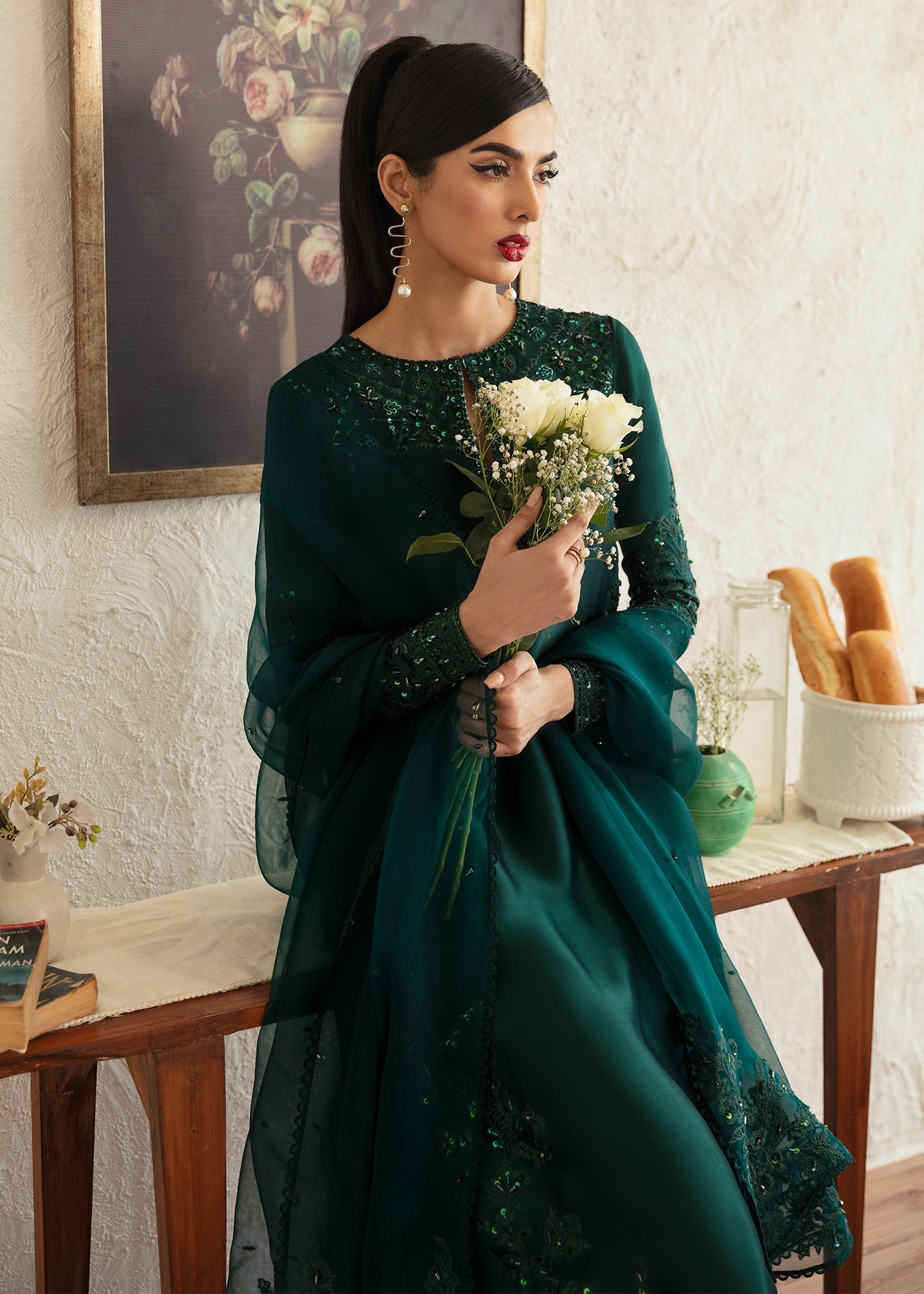 Kanwal Malik Bottle Green Shirt with Sharara for Luxury Wedding wear - Pakistani Designer Wear for Women in UK | Kifat
