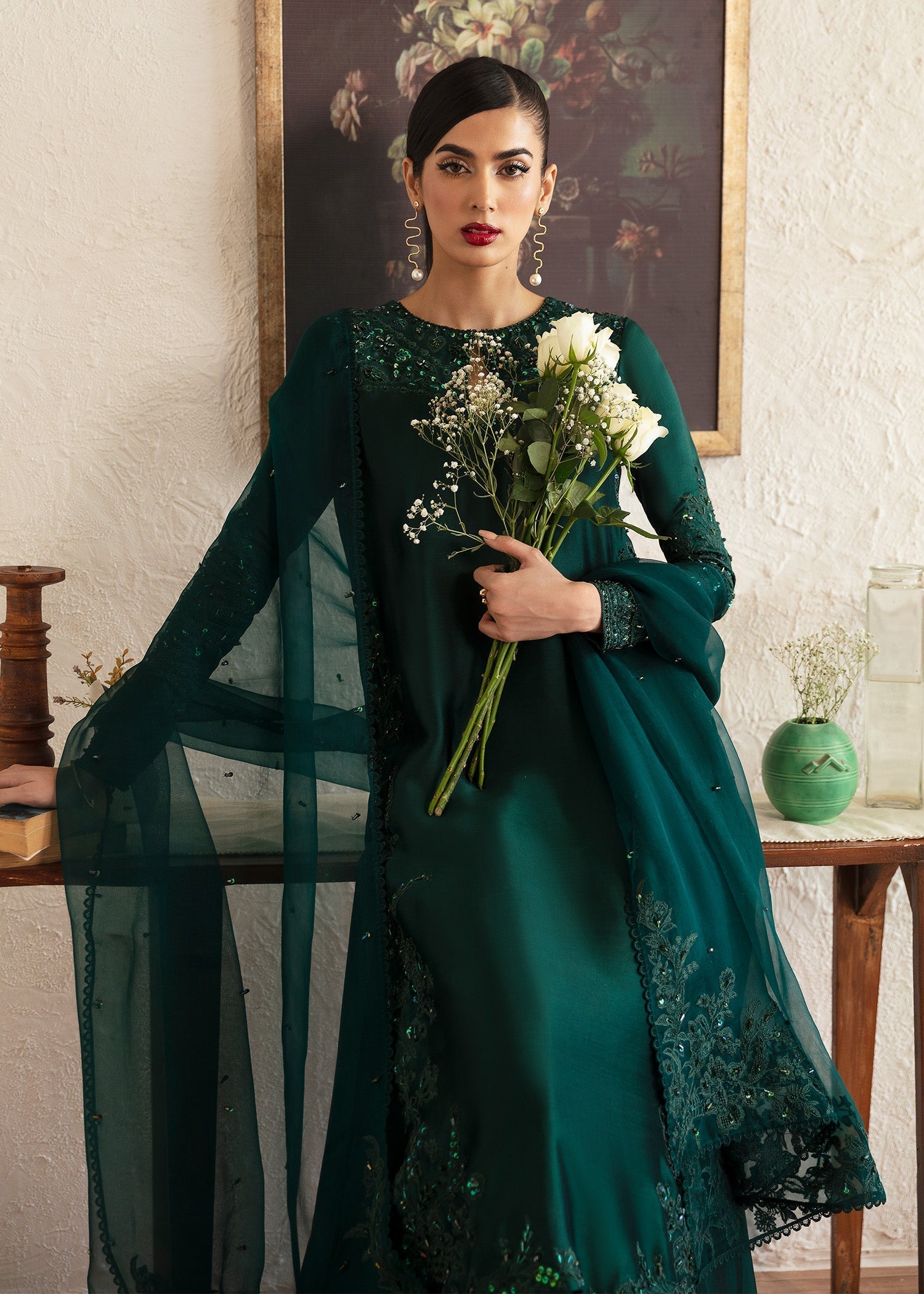 Kanwal Malik Bottle Green Shirt with Sharara for Luxury Wedding wear - Pakistani Designer Wear for Women in UK | Kifat