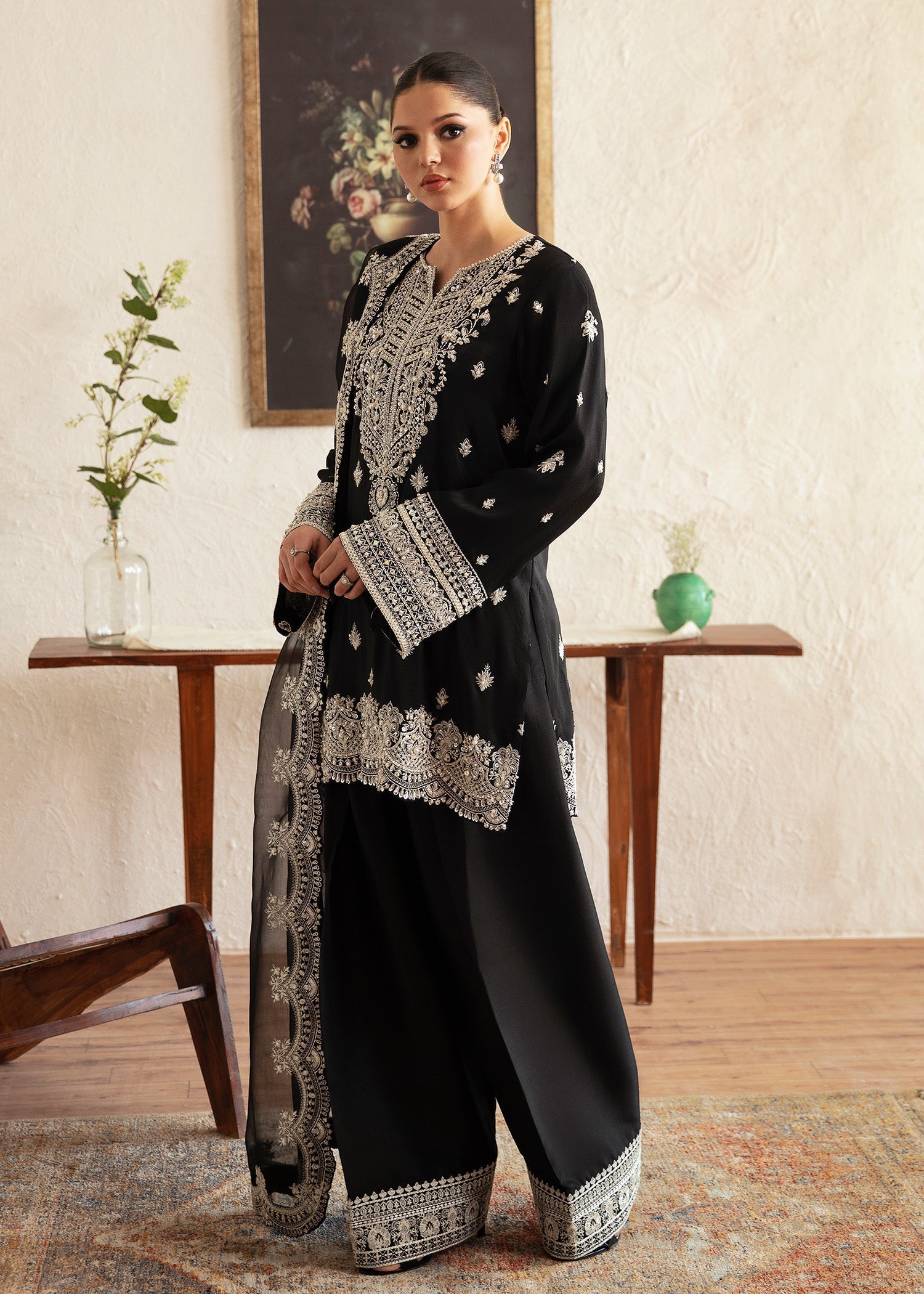 Kanwal Malik Black shirt with shalwar for Luxury Wedding wear - Pakistani Designer Wear for Women in UK | Kifat