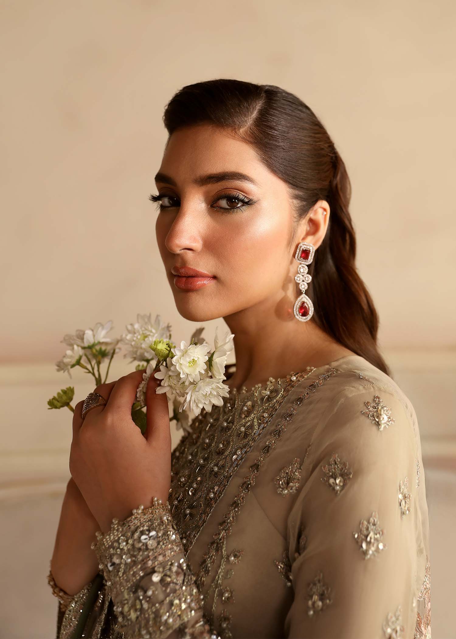 Women Wearing Nacar Light Brown Long Shirt For Formals Events - Pakistani Designer Wear For Women In UK | Kifat