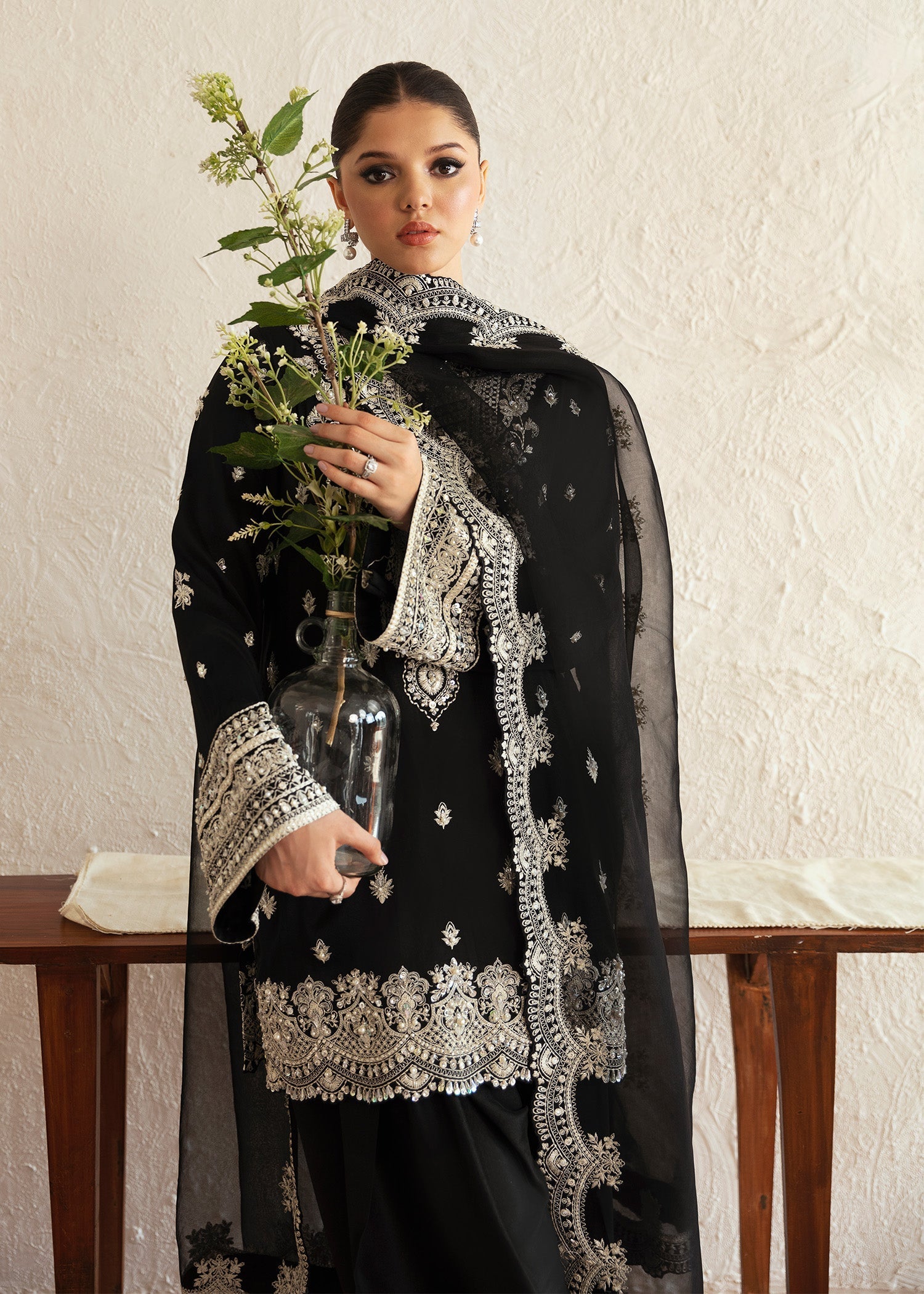 Kanwal Malik Black shirt with shalwar for Luxury Wedding wear - Pakistani Designer Wear for Women in UK | Kifat