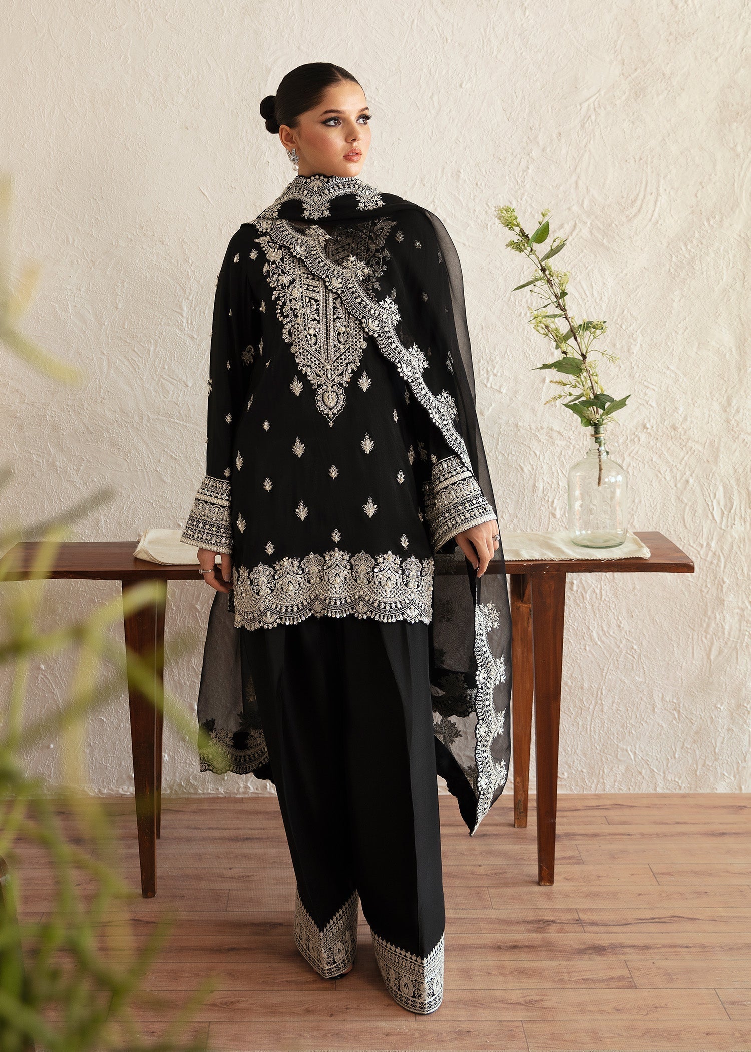 Kanwal Malik Black shirt with shalwar for Luxury Wedding wear - Pakistani Designer Wear for Women in UK | Kifat