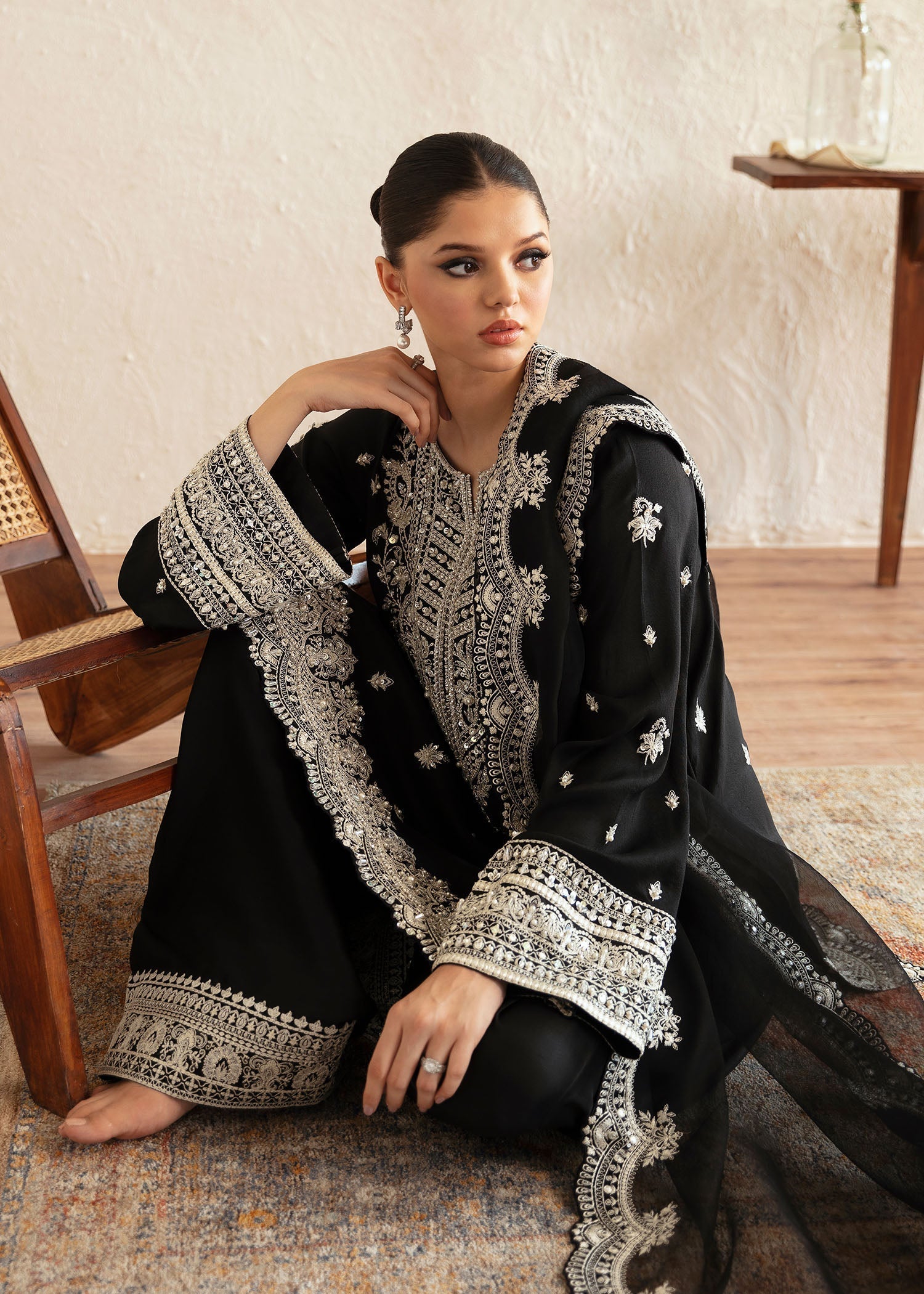 Kanwal Malik Black shirt with shalwar for Luxury Wedding wear - Pakistani Designer Wear for Women in UK | Kifat