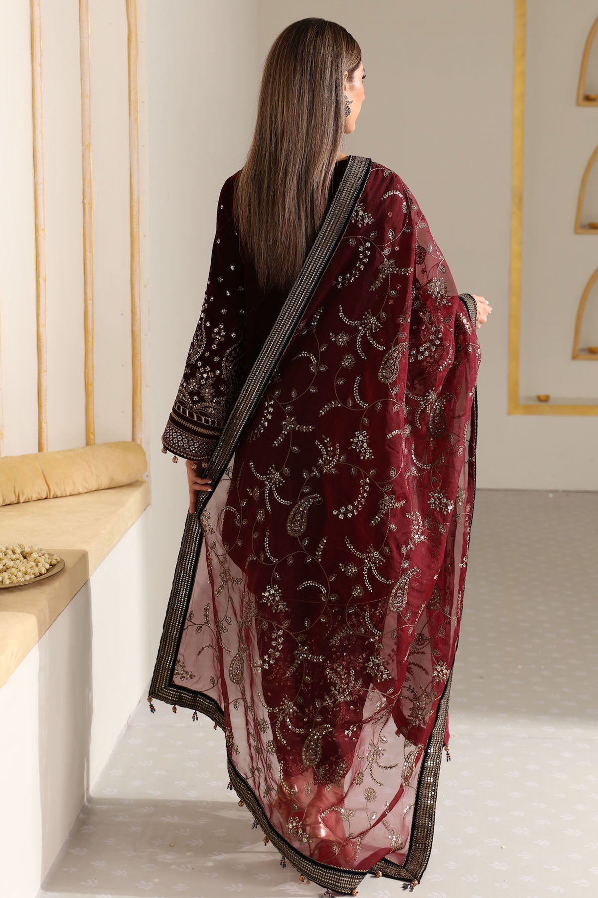 Women Wearing Embroidered Velvet Formal VF-2017 Maroon Short Shirt for Wedding Events - Pakistani Designer Wear for Women in UK | Kifat