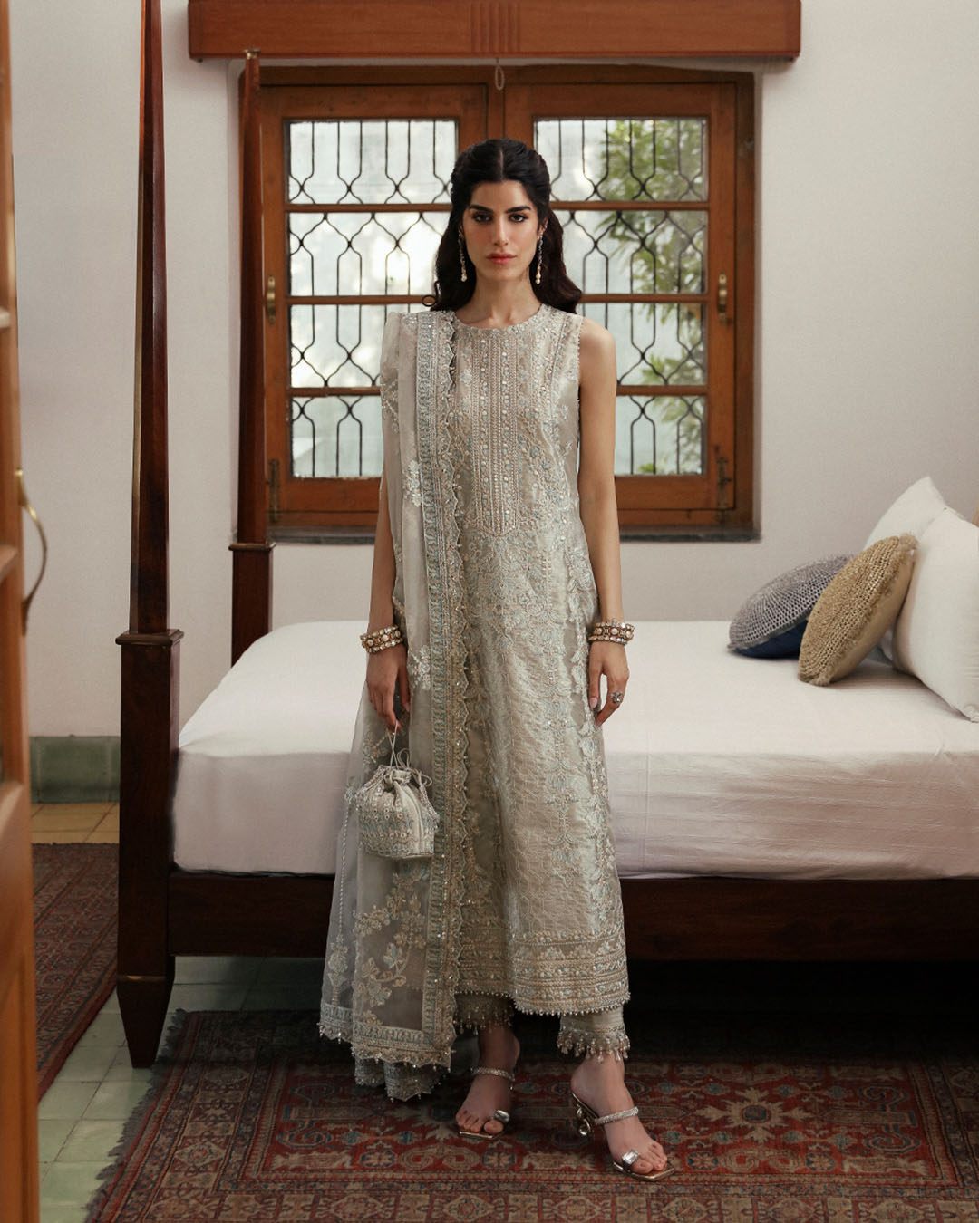 Model Wearing Faiza Saqlain Damaris Light Stone Gray Shirt with Trouser for formal events wear - Pakistani Designer Wear for Women in UK | Kifat