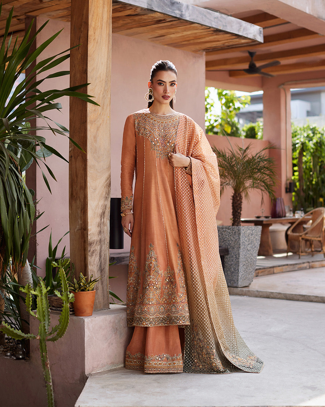 Model Wearing Faiza Saqlain Dalisay Rust Shirt with Gharara for wedding wear - Pakistani Designer Wear for Women in UK | Kifat